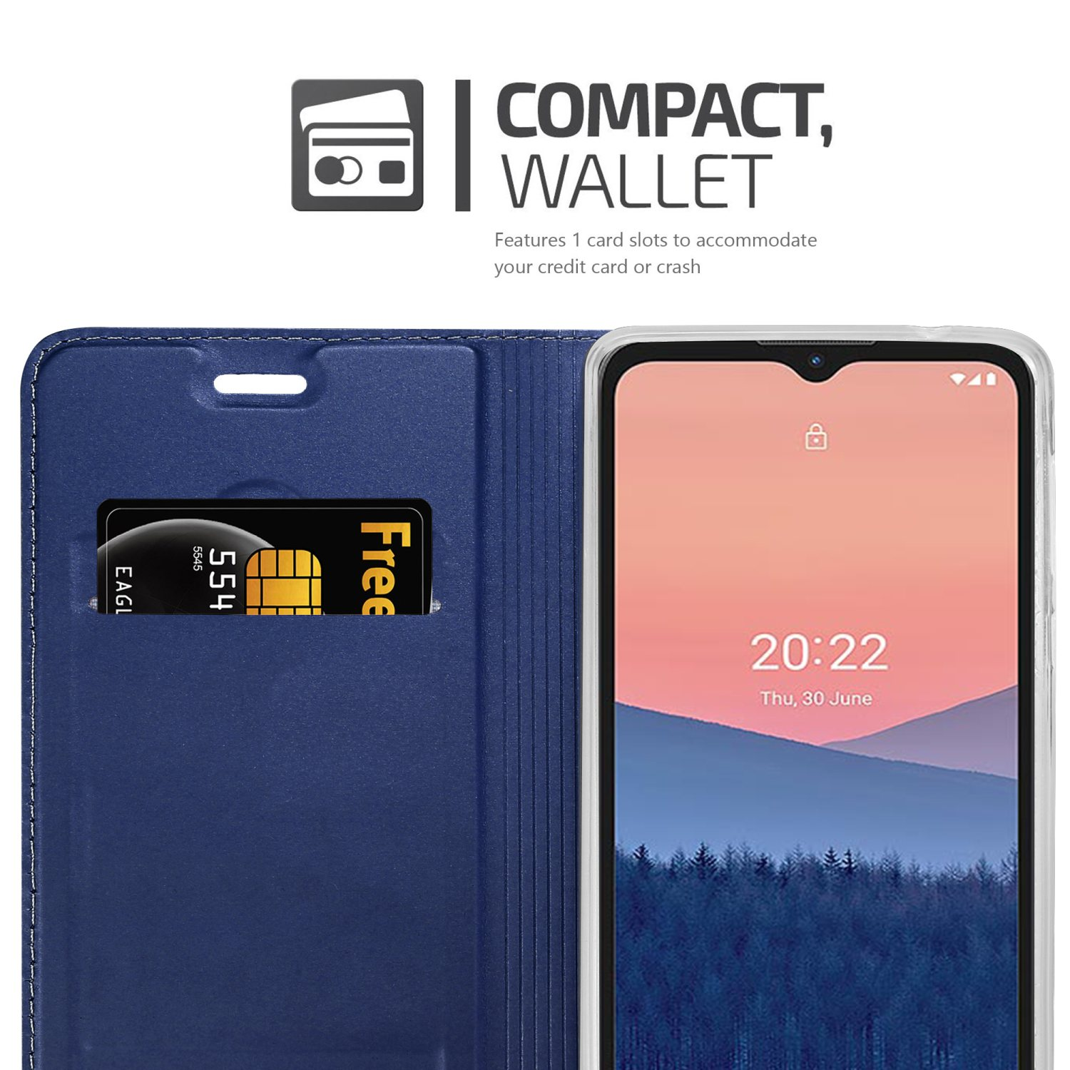 Eine blaue Brieftasche mit einem Telefon und einem Kreditkartenfach. Das Telefon zeigt die Uhrzeit an. Auf weißem Hintergrund.