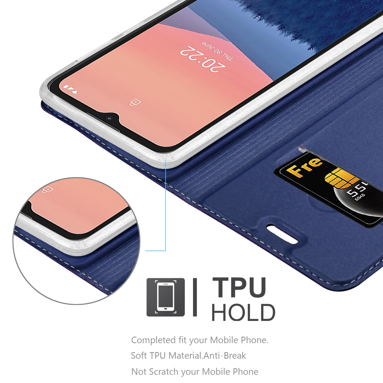 Blaue Handyhülle mit Telefon. Das Telefon zeigt die Uhrzeit. Eine Karte ist eingelegt.