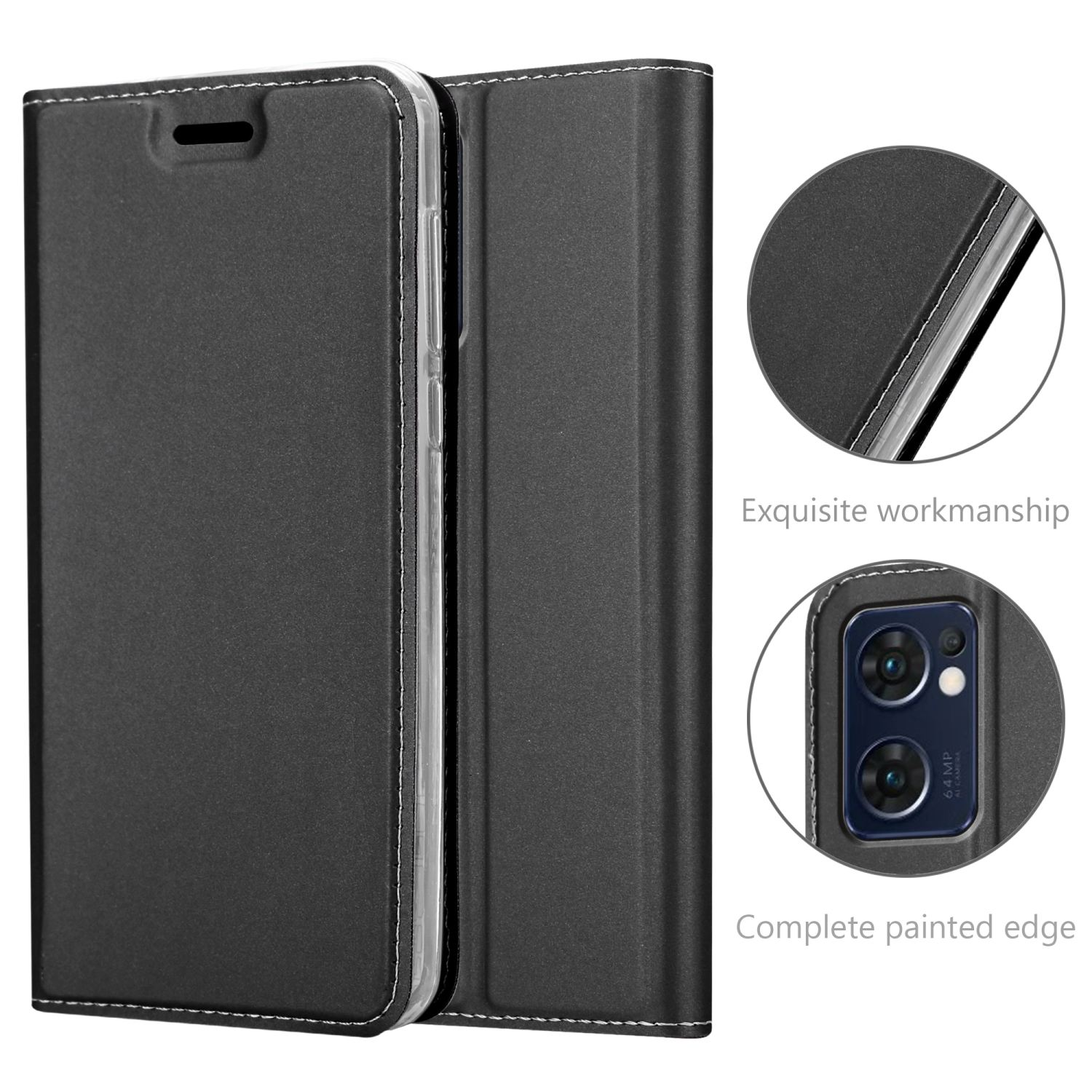 Funda negra para teléfono, cerrada. La funda tiene costuras blancas. Texto: Exquisita mano de obra.