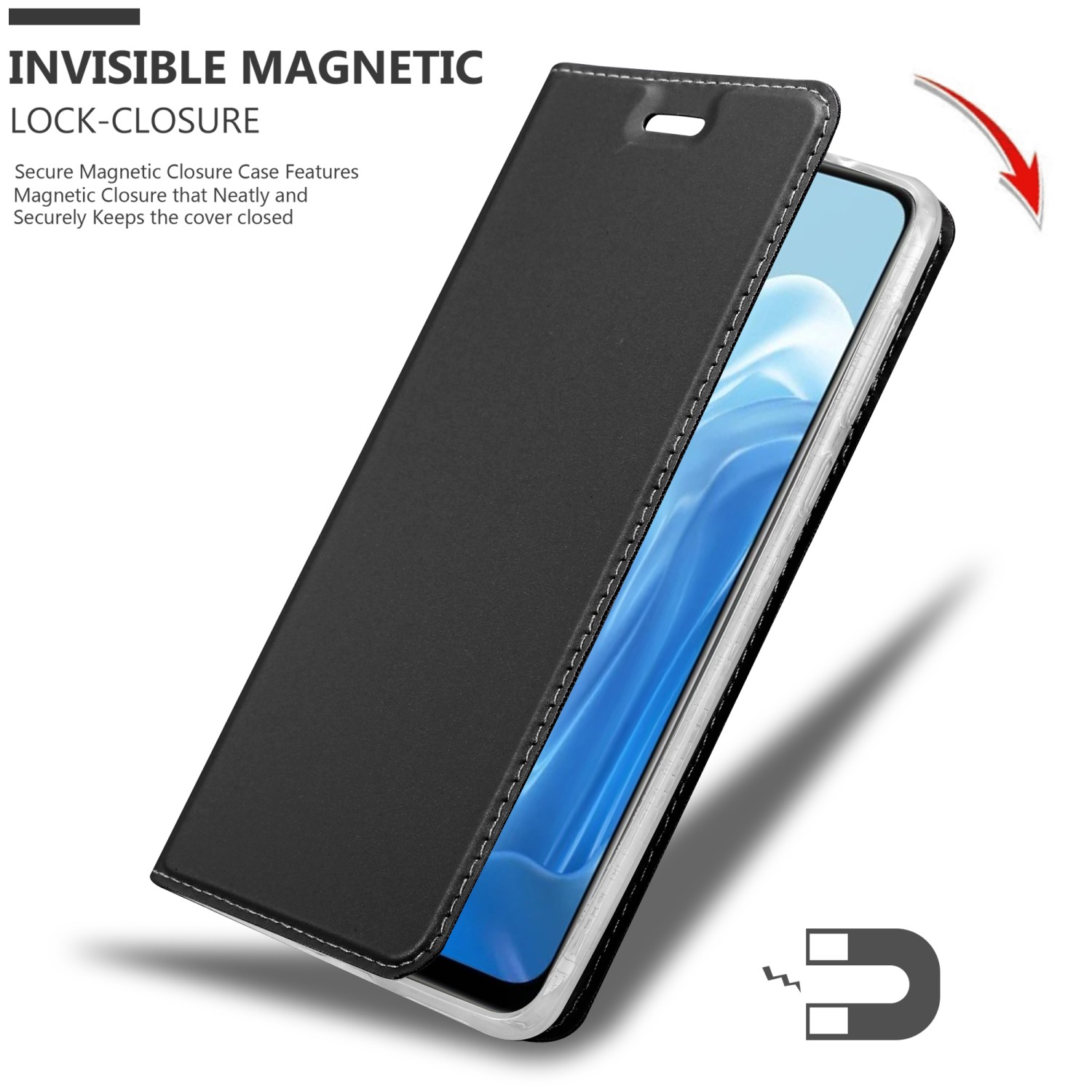 Funda de teléfono negra, abierta, mostrando la pantalla del teléfono. Cierre magnético a la derecha.
