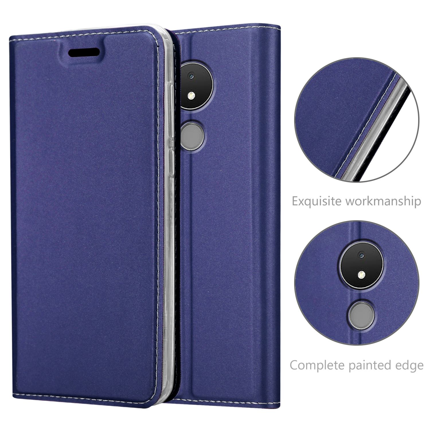 Blaue Handyhülle mit einem Telefon darin. Es gibt Details des Telefons, wie z. B. die Kamera.