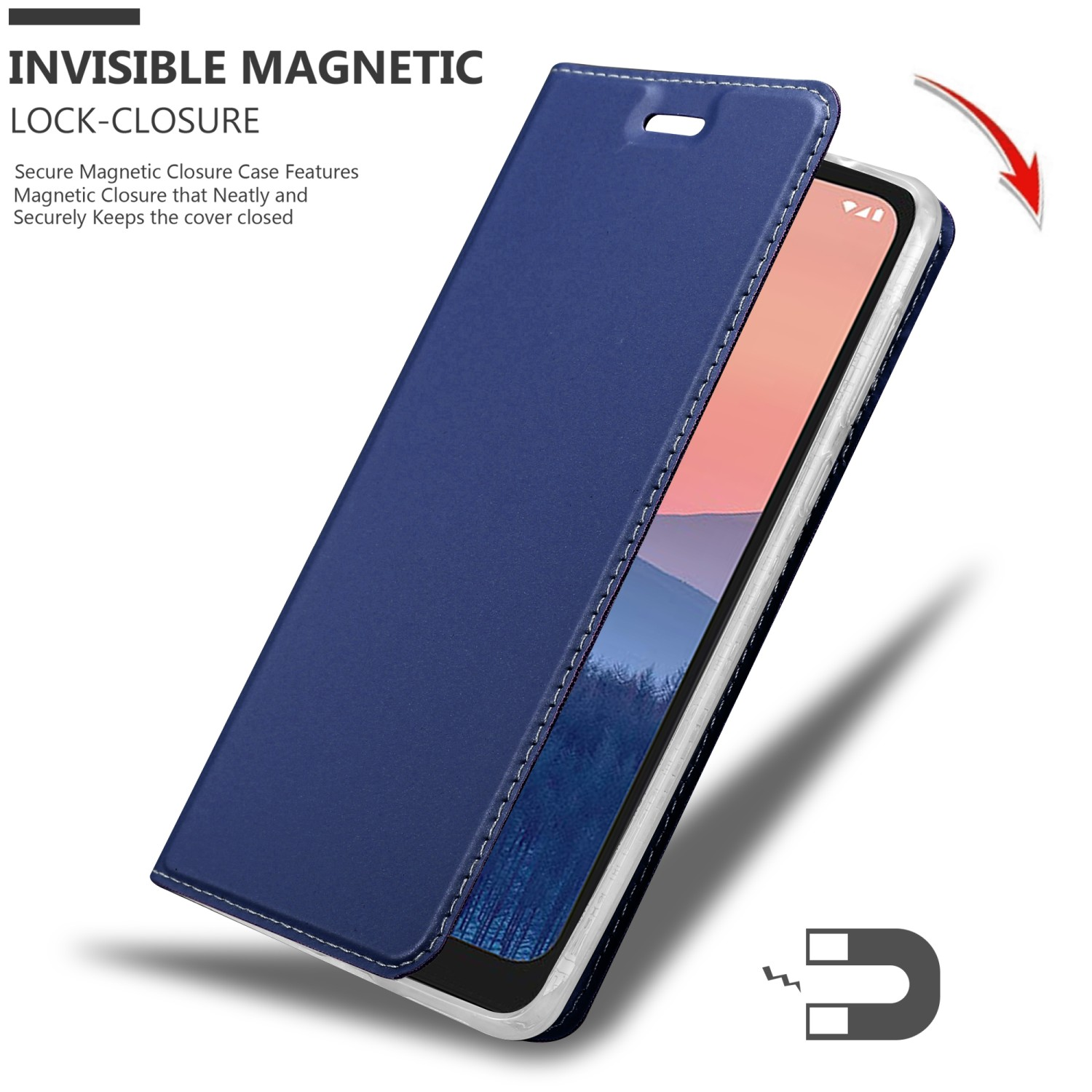 Blaue Handyhülle, die sich öffnet. Das Telefon im Inneren ist schwarz. Die Hülle ist mit 'unsichtbarem Magnetverschluss' beschriftet.