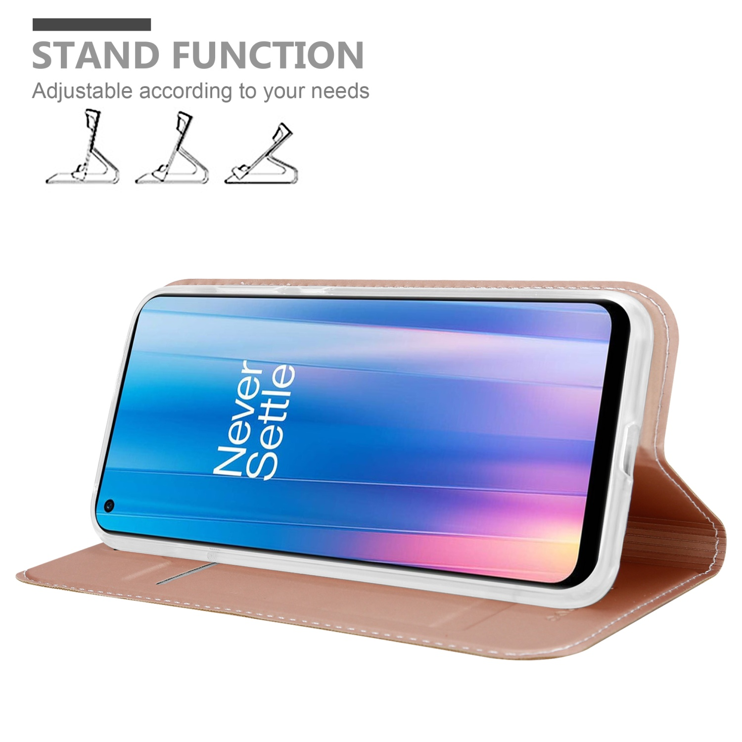 Telefono in custodia, color oro rosa, con funzione stand. Testo: 'Stand Function' e 'Never Settle'.