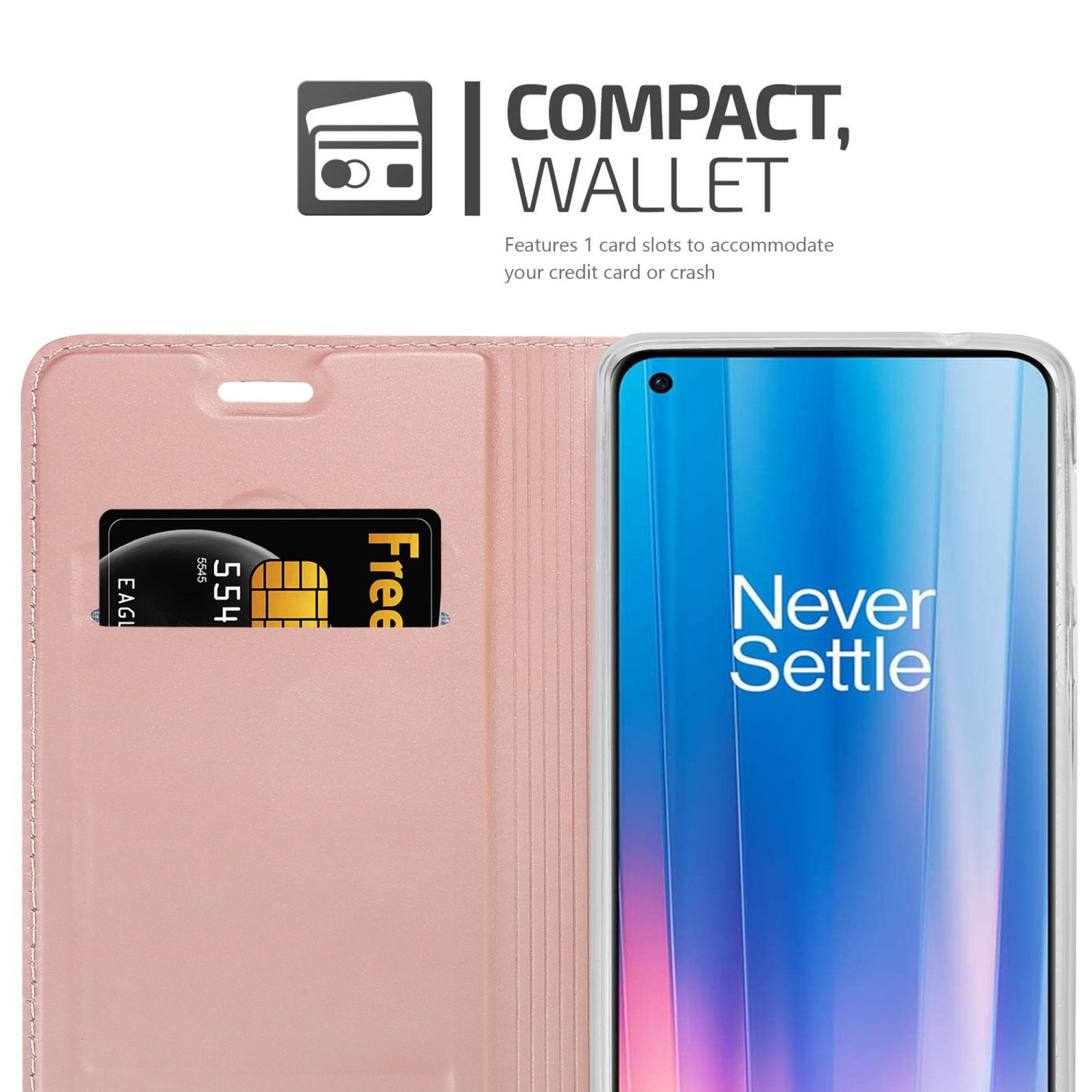 Custodia a portafoglio per telefono rosa con carte e telefono. Presenta uno slot per schede e un telefono.