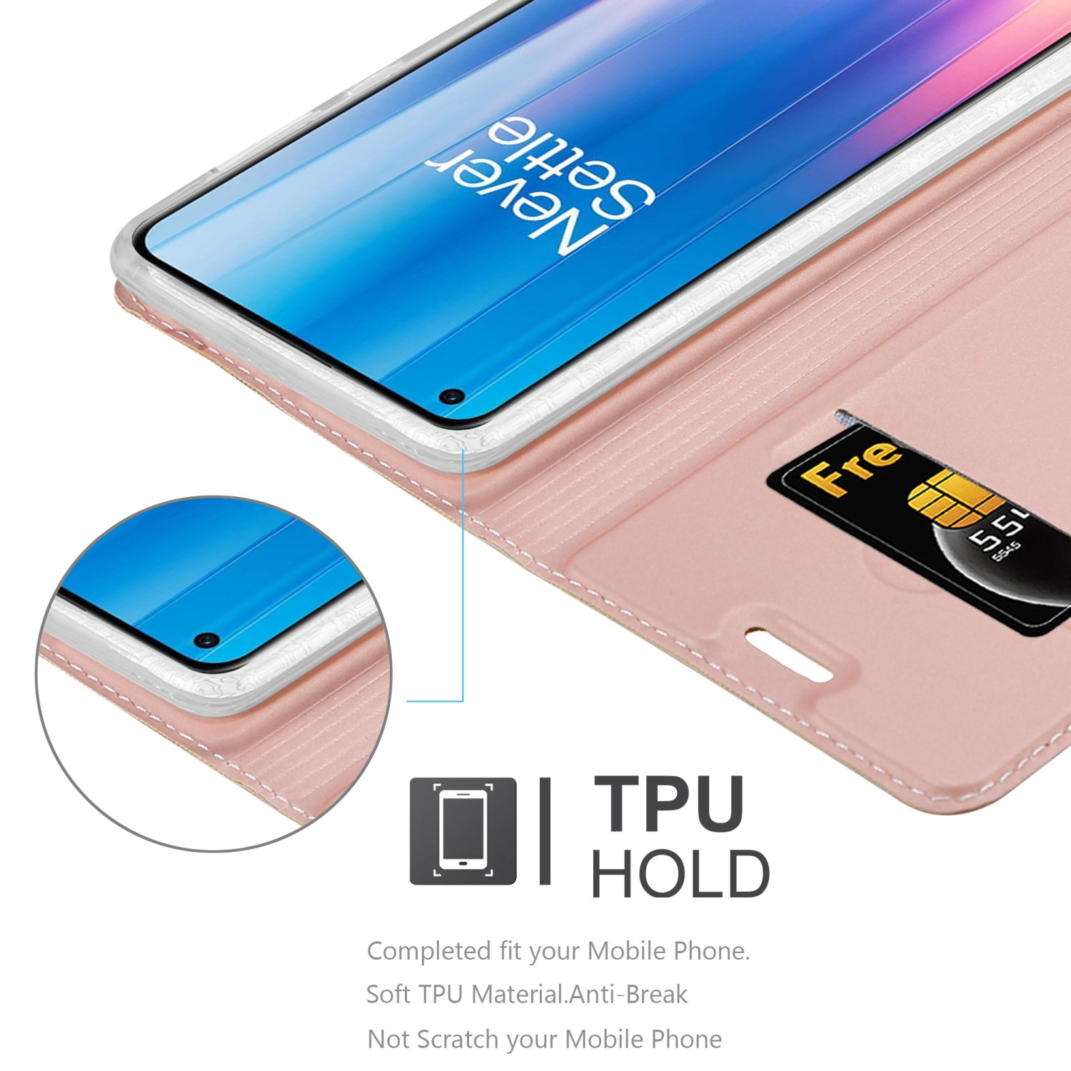 Un telefono in una custodia rosa. Una carta è nello slot. Lo schermo è in mostra.