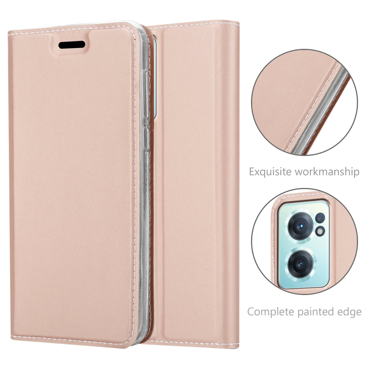 Custodia per telefono rosa in posizione aperta, che mostra il telefono all'interno. Dettagli sui bordi e sulla fotocamera del telefono.