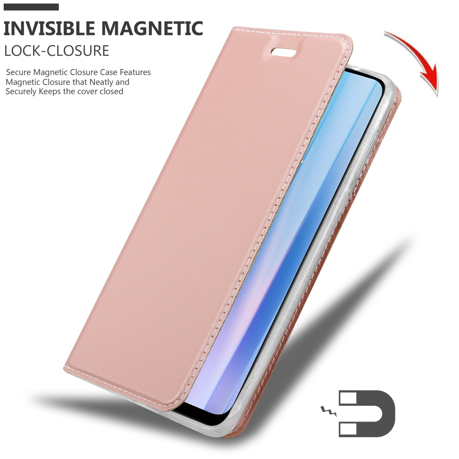 Custodia per telefono rosa aperta, che rivela un telefono. Chiusura magnetica mostrata. Cuciture bianche sui lati.
