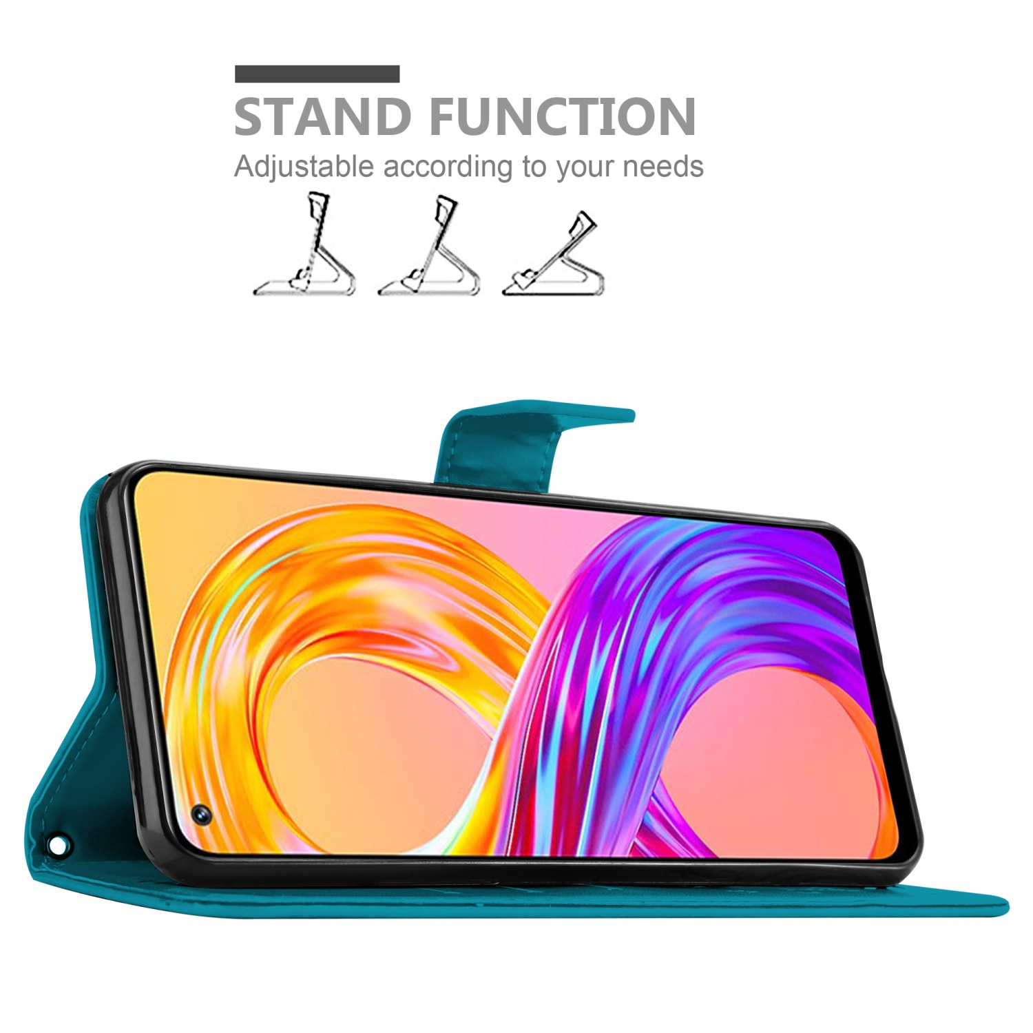 Custodia per telefono verde acqua con funzione supporto. Lo schermo del telefono mostra un design astratto colorato.