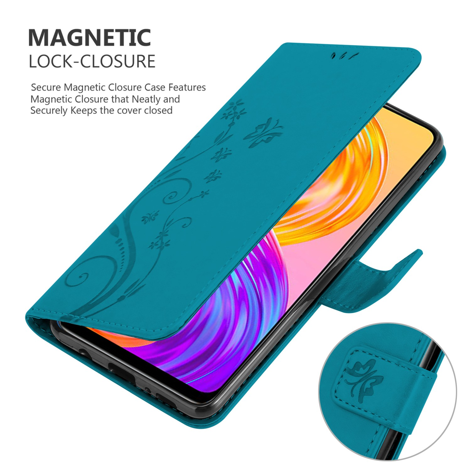 Custodia verde acqua per telefono, design floreale, chiusura magnetica. Il telefono è parzialmente visibile.