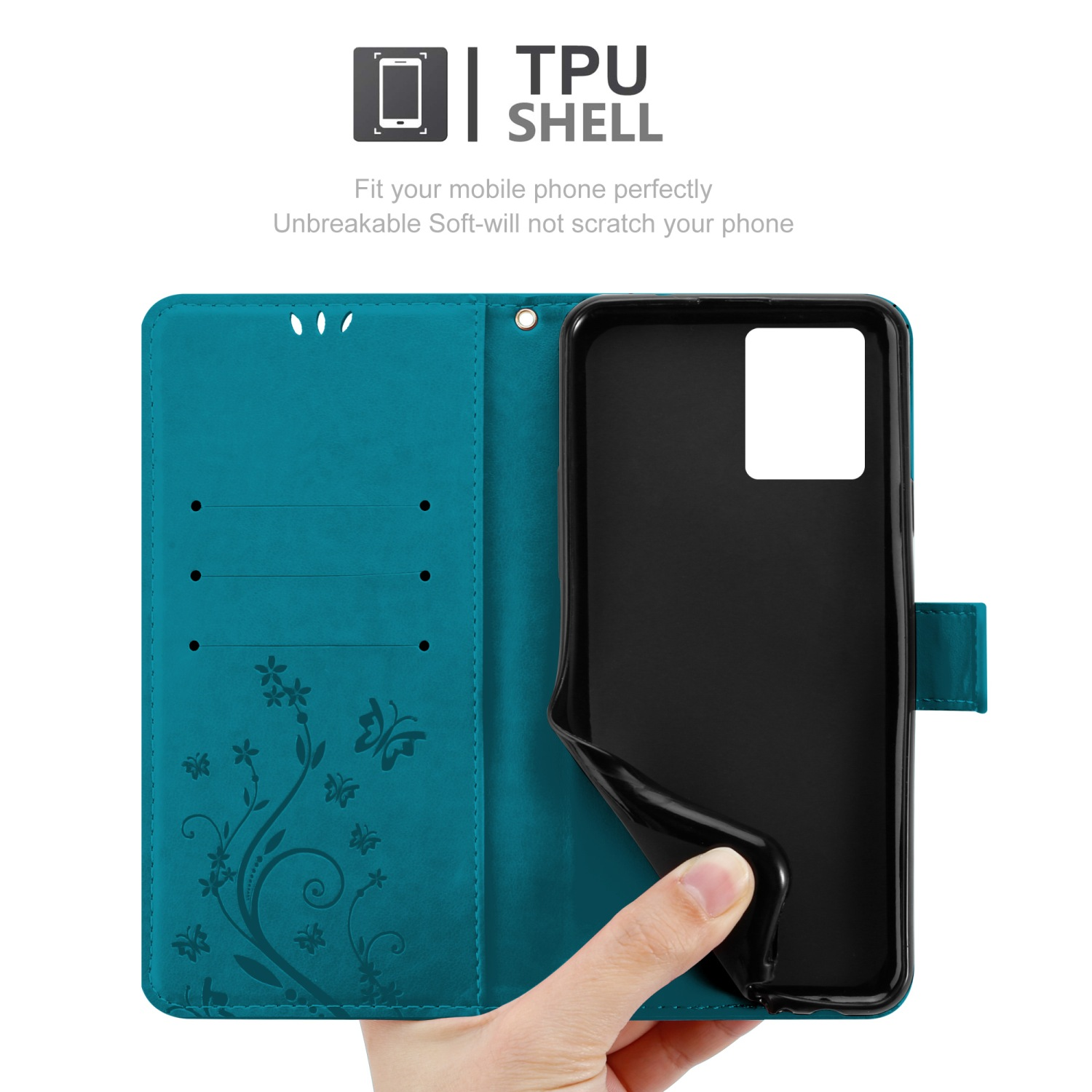Custodia per telefono turchese aperta con il telefono nero all'interno, tenuto in mano, su sfondo bianco.