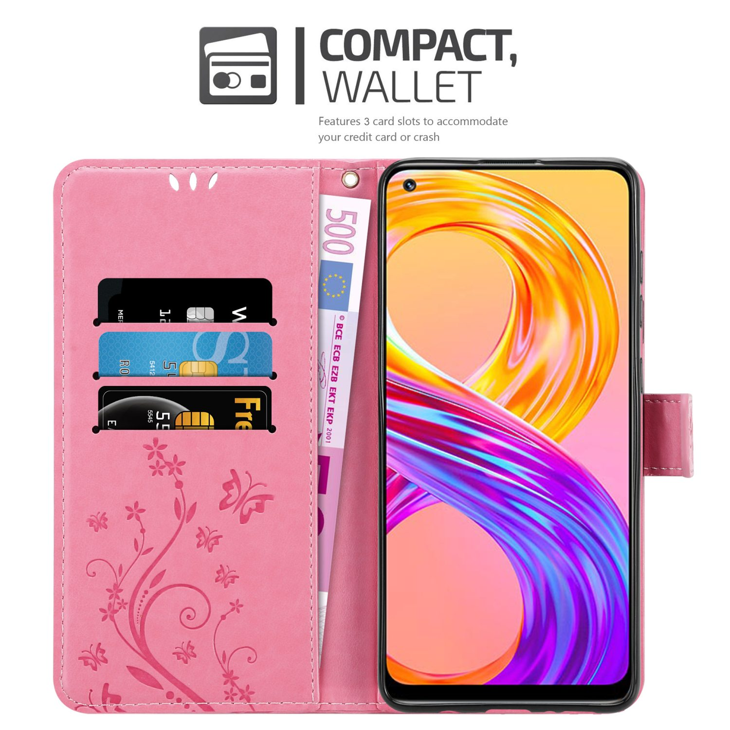 Custodia per telefono rosa aperta con telefono dentro. La custodia ha slot per carte e denaro.
