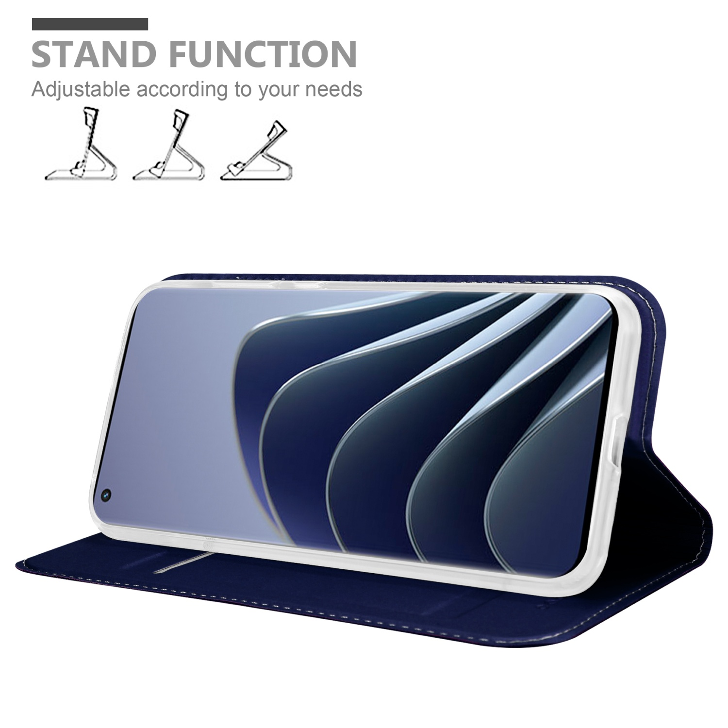 Custodia per telefono blu navy con un telefono all'interno, configurata come supporto. Il telefono è in mostra.