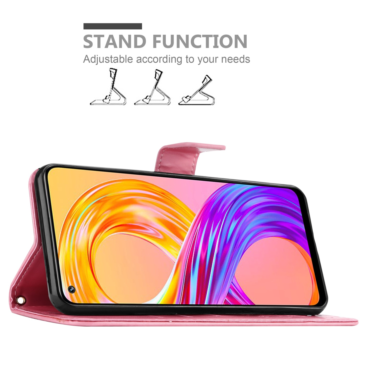 Una custodia per telefono rosa con un telefono che mostra uno schermo colorato e tre icone della funzione di supporto.