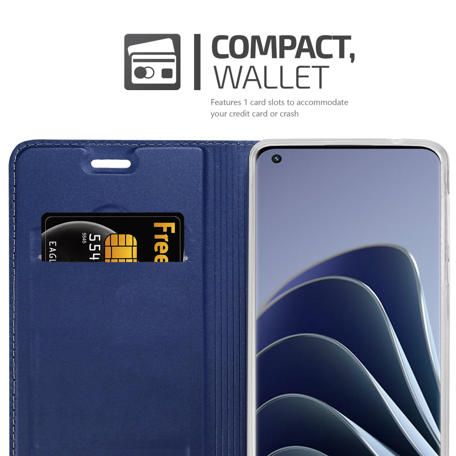 Custodia blu per telefono con fessura per carte. Una carta è visibile. La custodia è aperta.