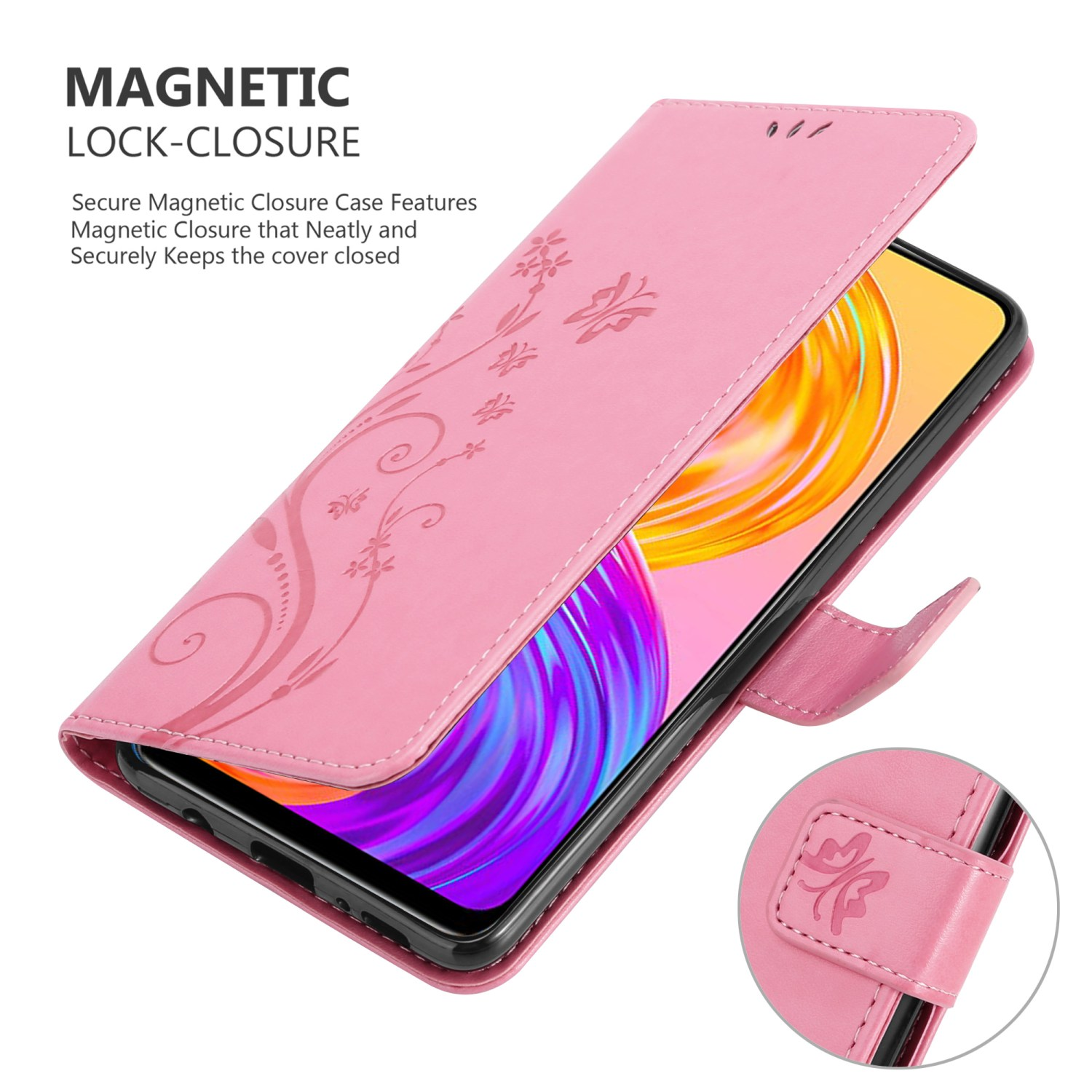 Custodia rosa per telefono con design floreale, aperta per visualizzare lo schermo del telefono. Sfondo chiaro, chiusura magnetica.