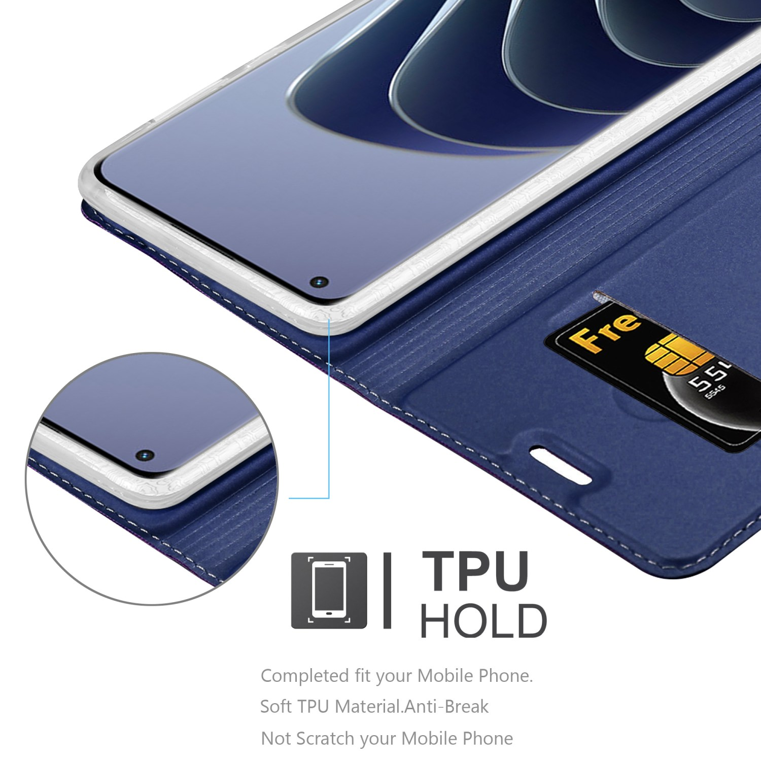 Custodia del telefono blu scuro aperta, che rivela un telefono. Carta in uno slot. Cuciture bianche. Logo TPU Hold in basso.