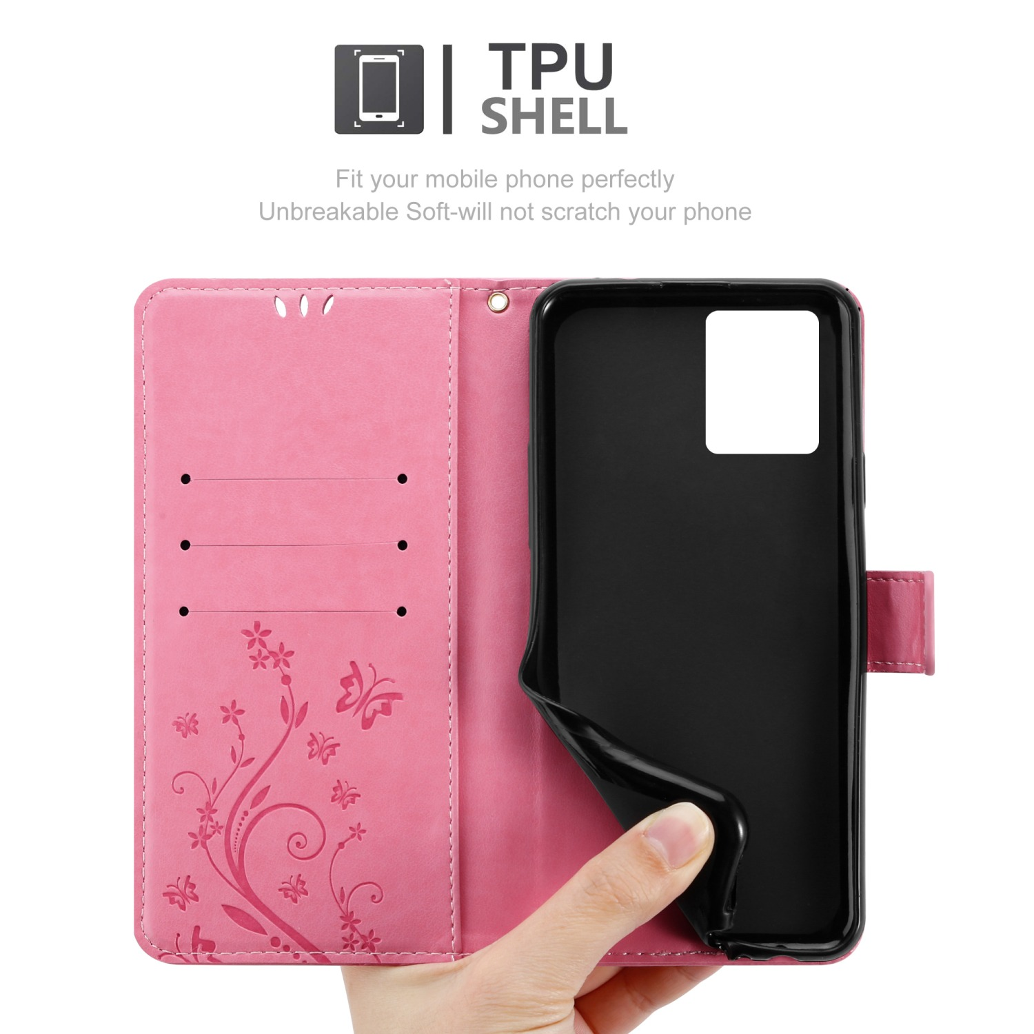 Custodia rosa con telefono. Farfalle e motivi floreali sulla custodia.