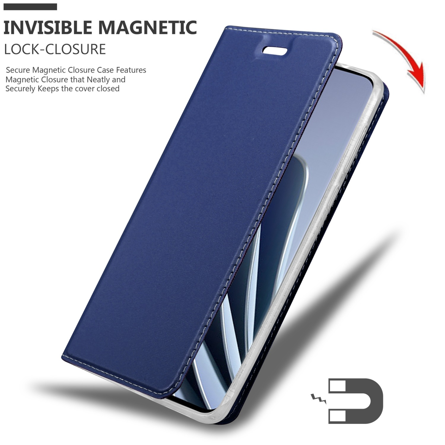 Custodia blu per telefono aperta per rivelare un telefono. Una freccia e un'icona a calamita indicano una chiusura magnetica.