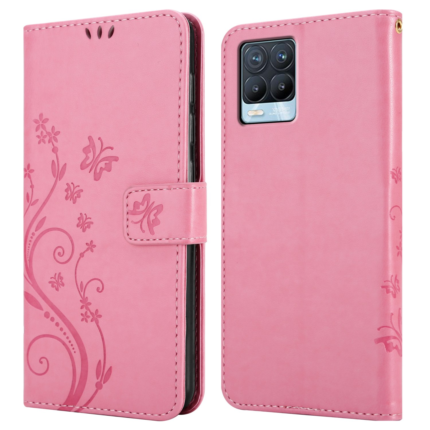 Una custodia rosa per telefono con un design floreale, mostrata aperta e chiusa.