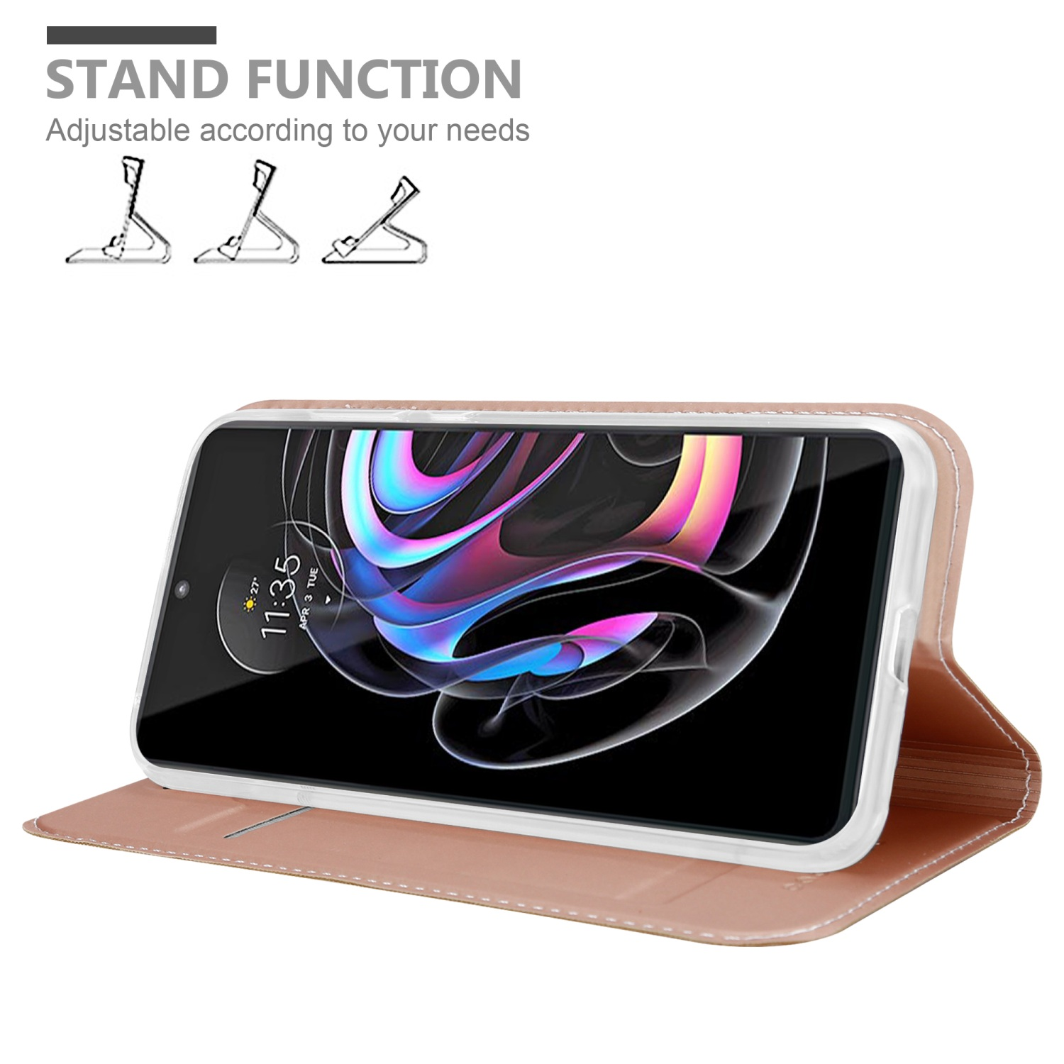 Custodia rosa, aperta con telefono all'interno, su superficie marrone chiaro. Icone funzione supporto.