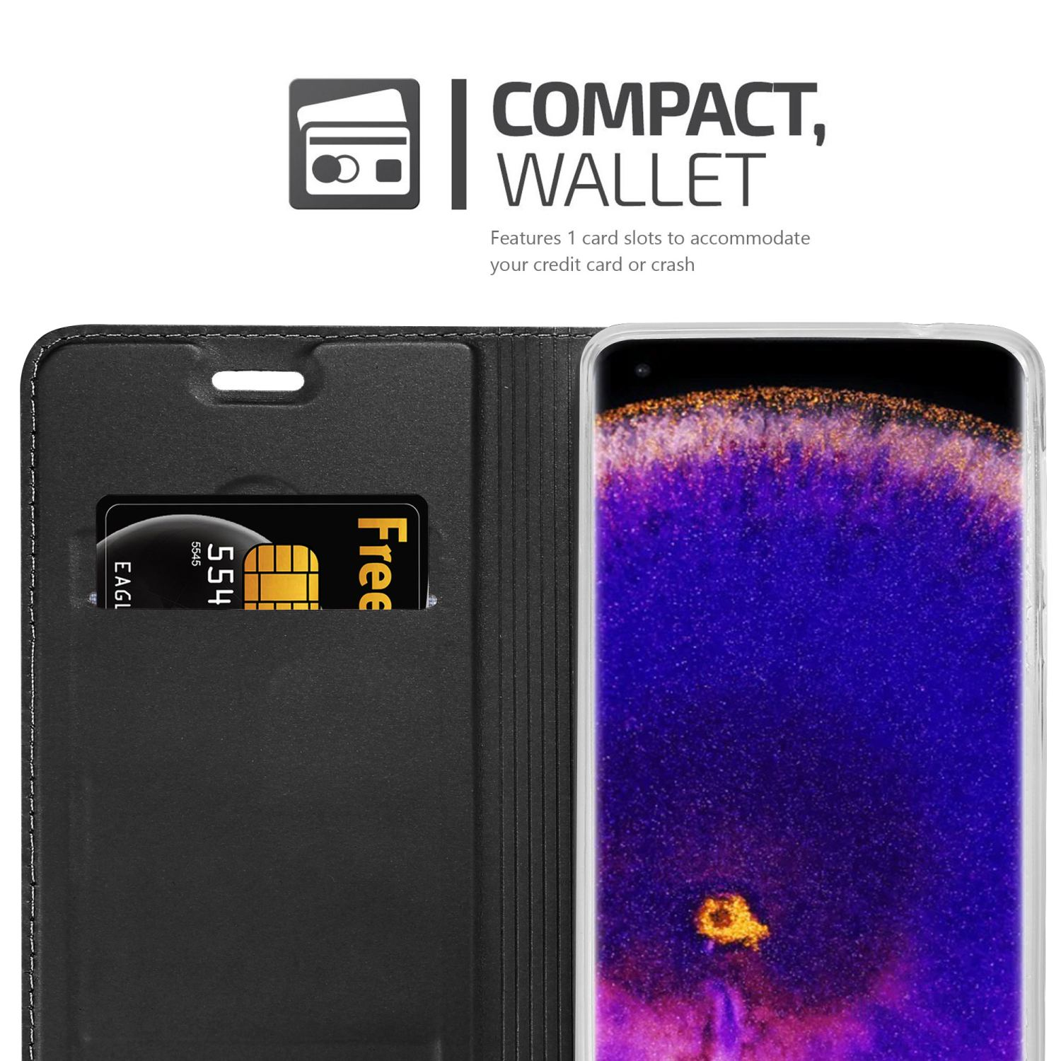 Funda de teléfono tipo cartera negra con una tarjeta en la ranura. La pantalla del teléfono muestra una imagen abstracta.