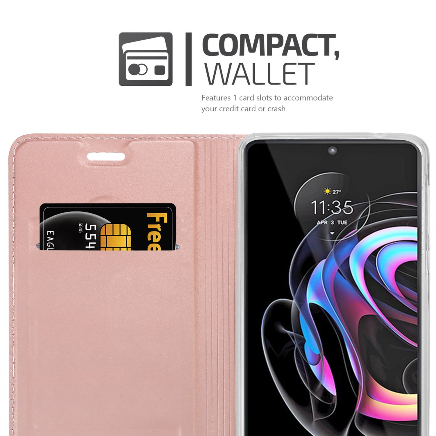 Custodia per telefono rosa aperta, con carta e telefono. Testo: Compatto, Portafoglio. Con fessure per carte.