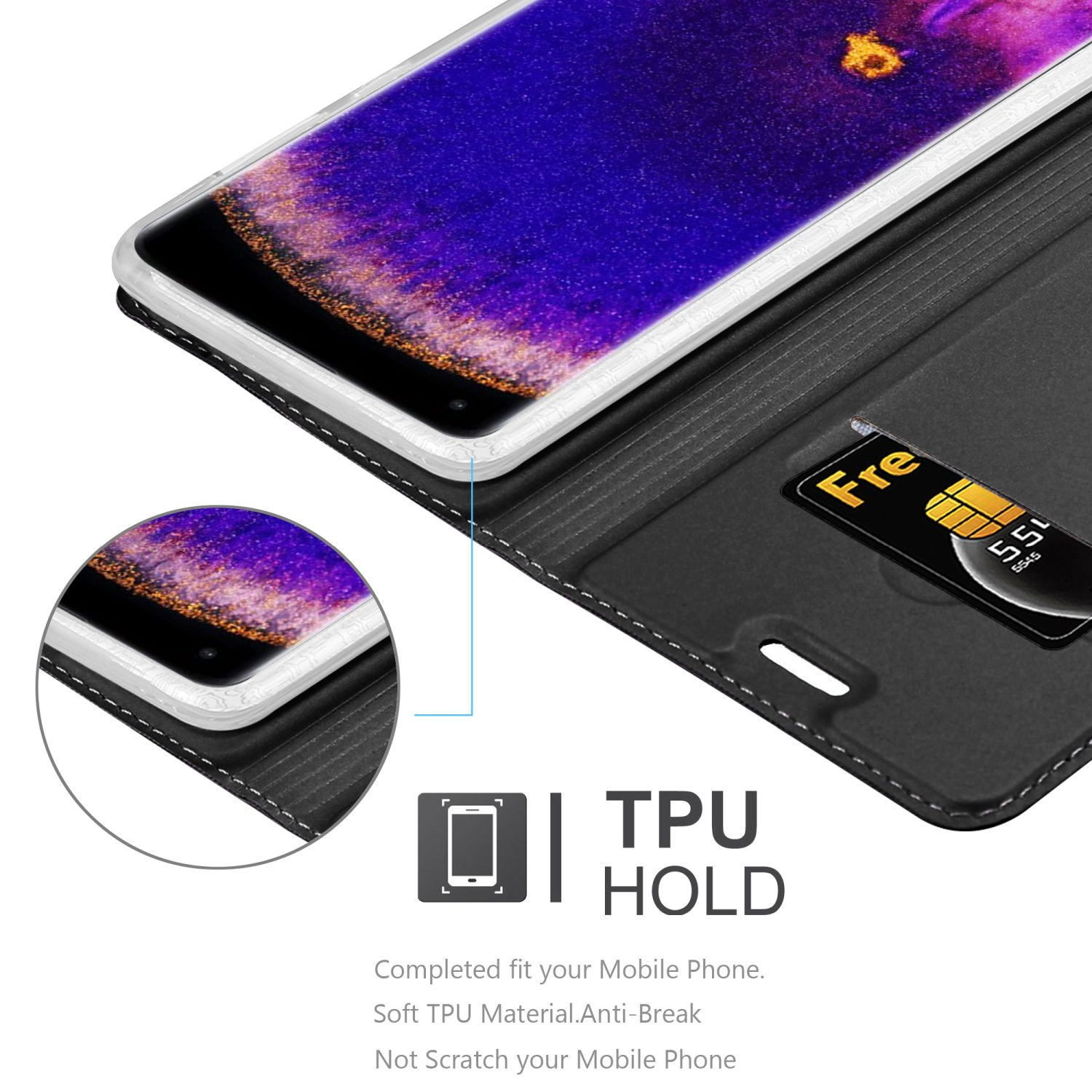 Teléfono en funda, detalles de la funda muestran TPU y tarjeta de crédito.