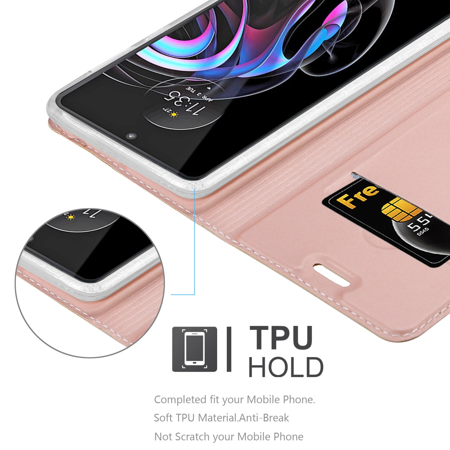 Custodia rosa per telefono con slot per carte e telefono con schermo. SIM card visibile.