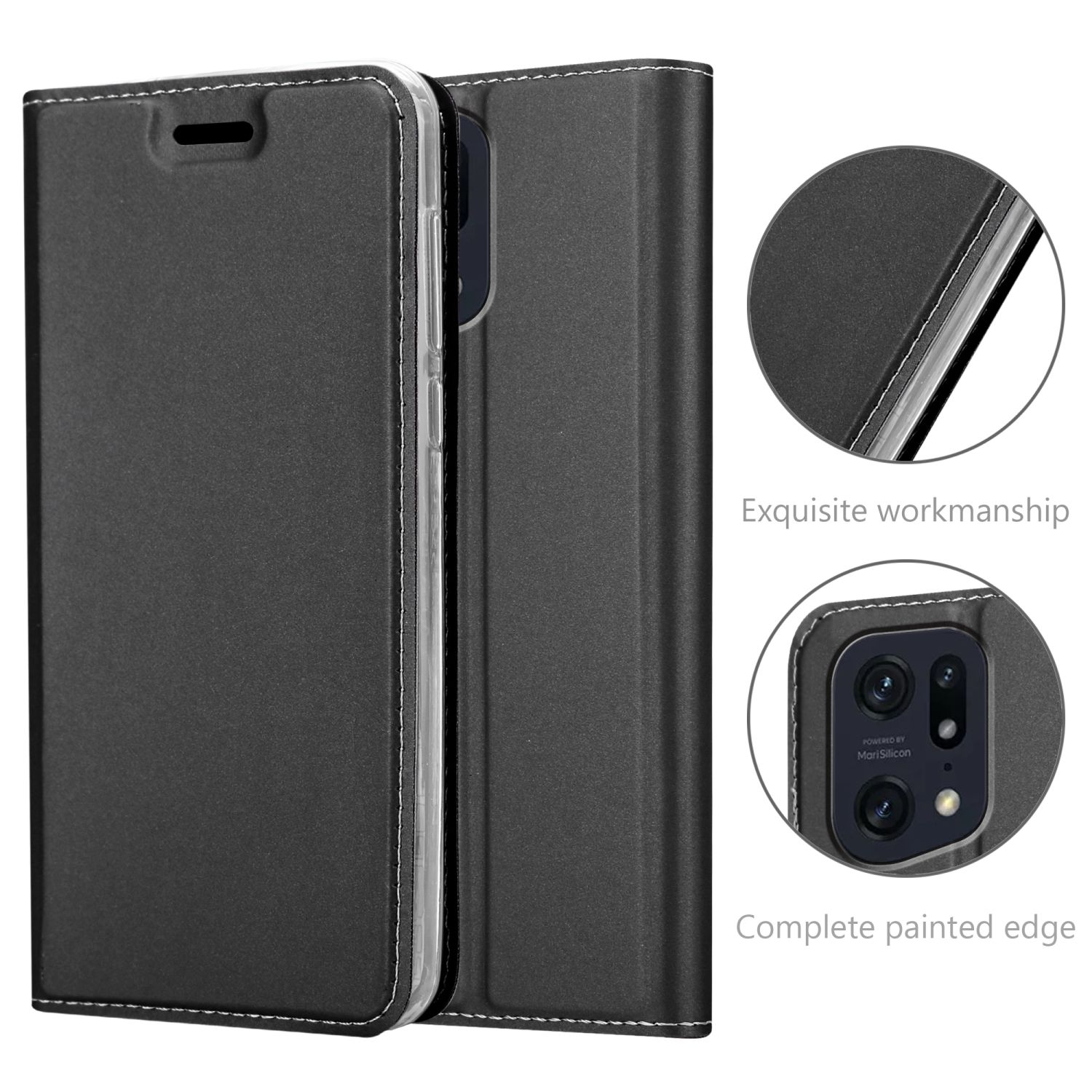 Funda de teléfono negra con costuras blancas, teléfono dentro, con detalles en primer plano.