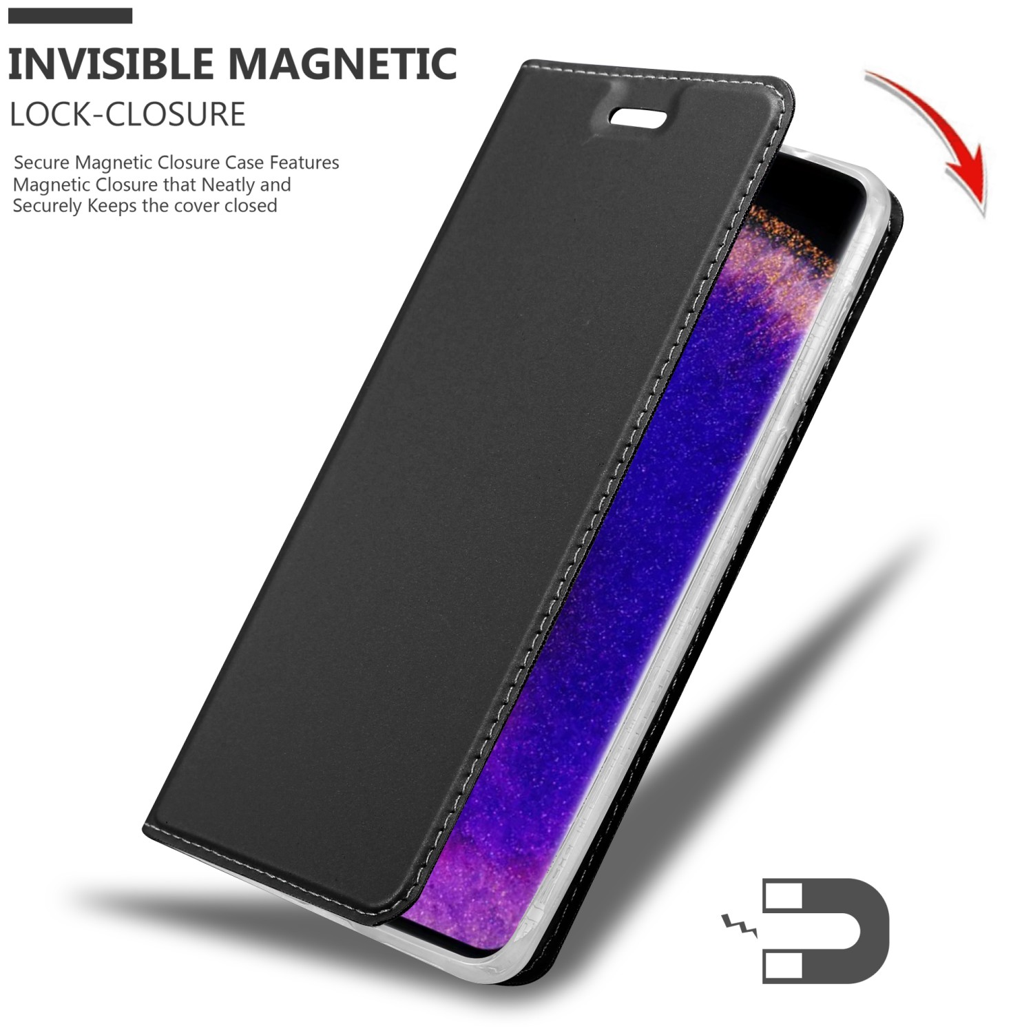 Funda de teléfono negra. La funda está abierta, mostrando la pantalla del teléfono. Un imán es visible.