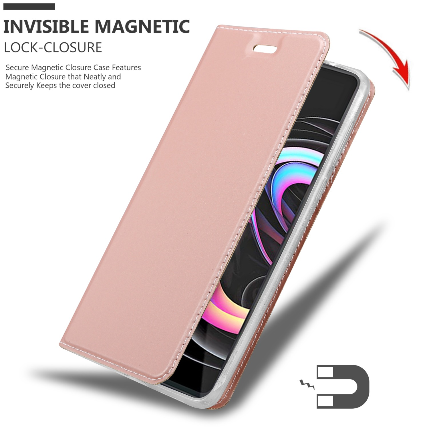 Custodia rosa, aperta, con chiusura magnetica e calamita invisibile.