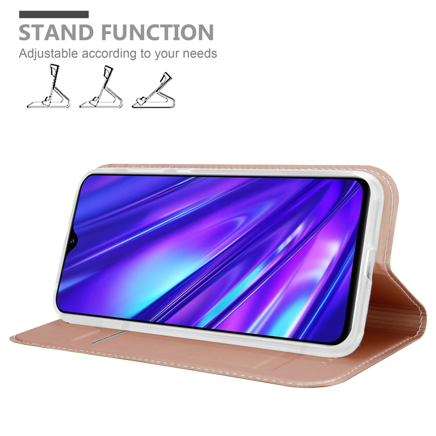 Un telefono in una custodia è in posizione verticale. Lo schermo è rosa. La custodia è rosa. Grafico della funzione stand.