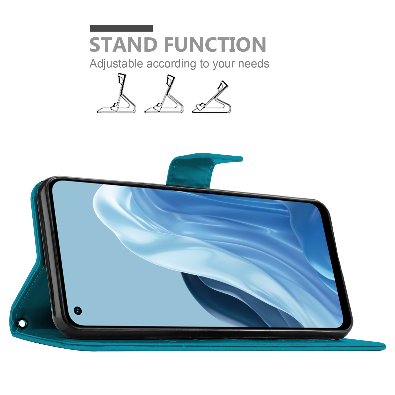 Custodia turchese aperta come supporto. Schermo del telefono visibile. Funzione stand.