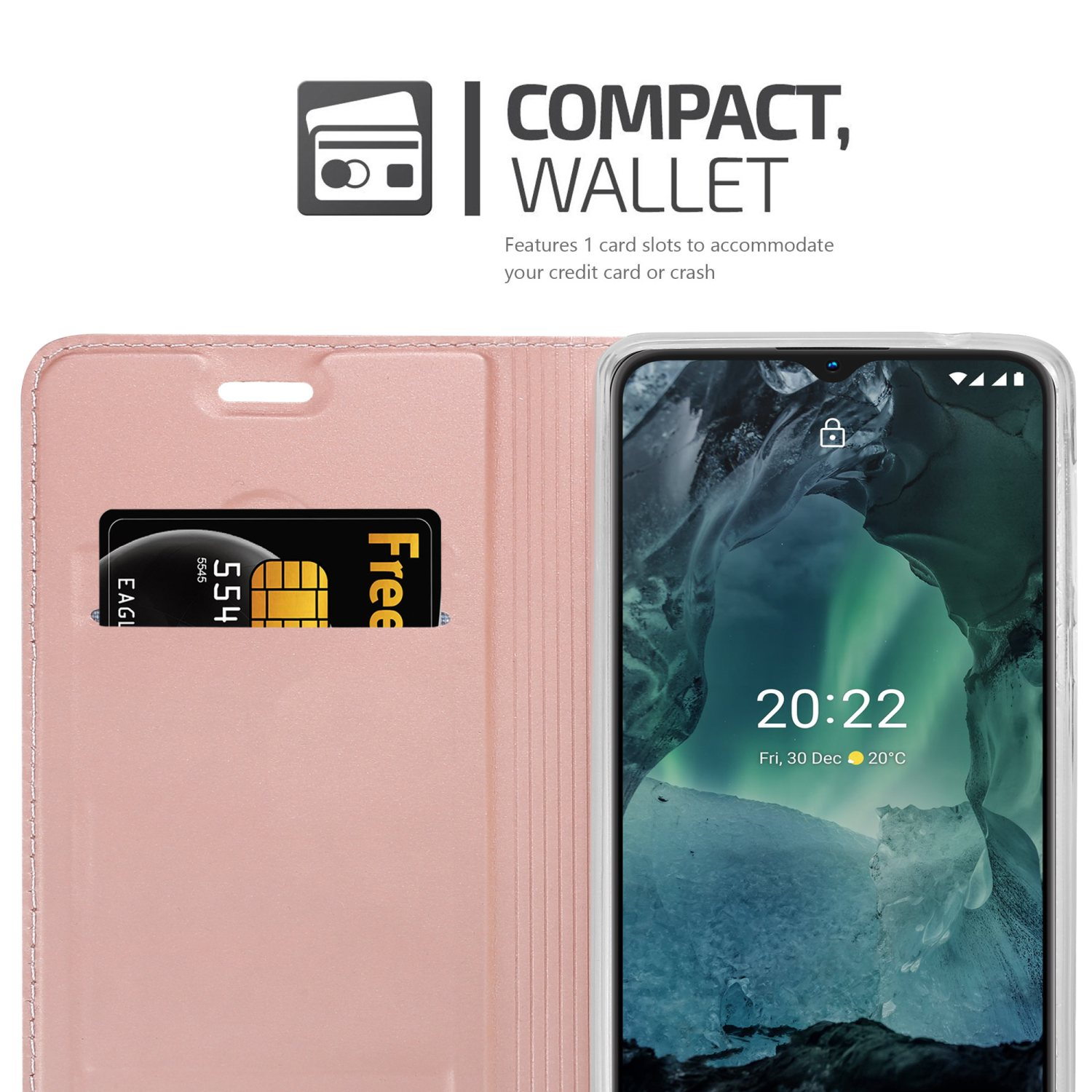 Custodia rosa per telefono con carta di credito nello slot. Mostra telefono con ora 20:22 sullo schermo.