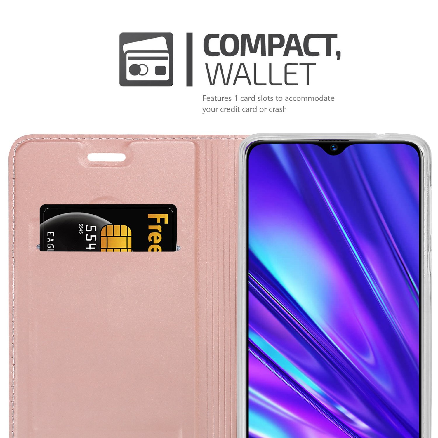 Custodia per telefono rosa aperta, che rivela una carta di credito e un telefono. Testo: Compatto, Portafoglio.