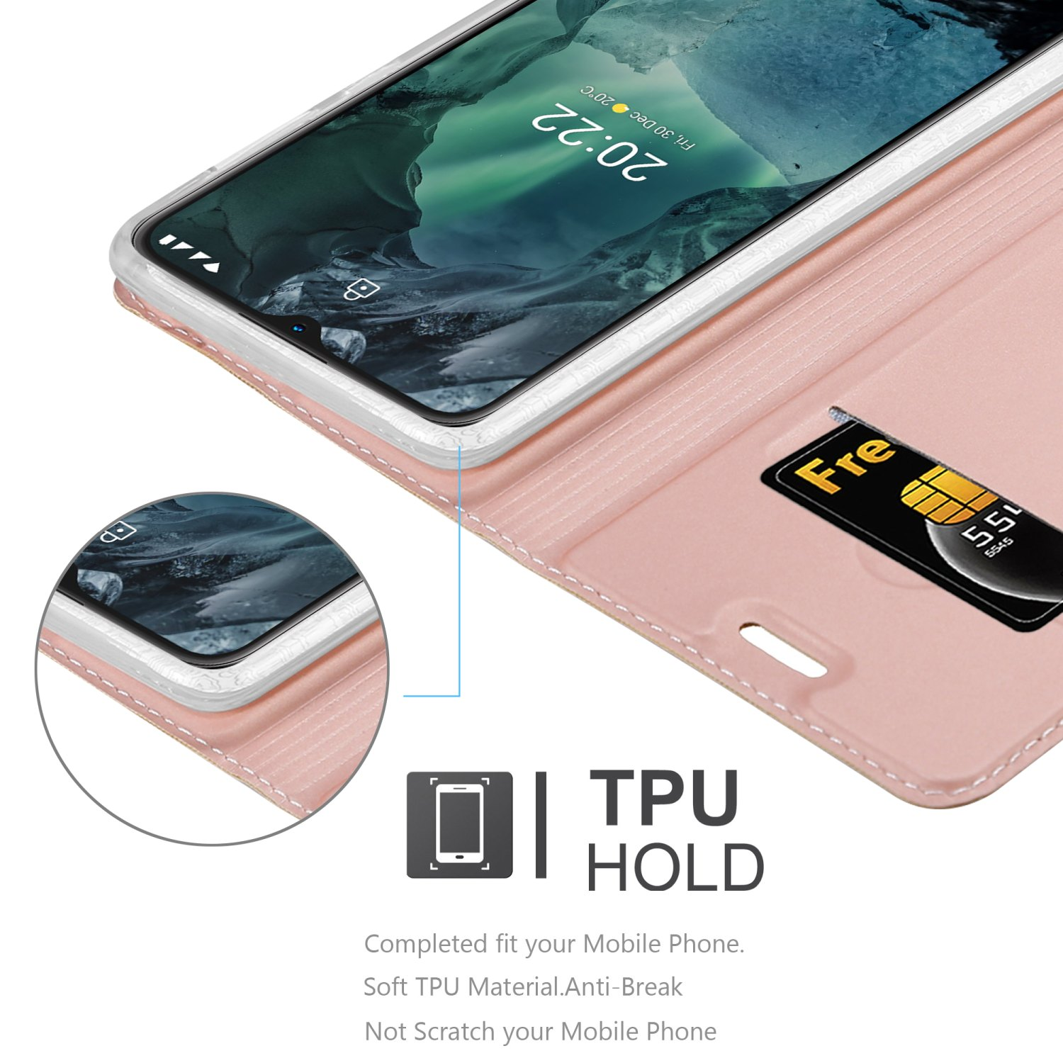 Custodia rosa aperta, mostra schermo e carta. Testo: TPU Hold. Vestibilità perfetta, TPU morbido, anti-rottura, antigraffio.