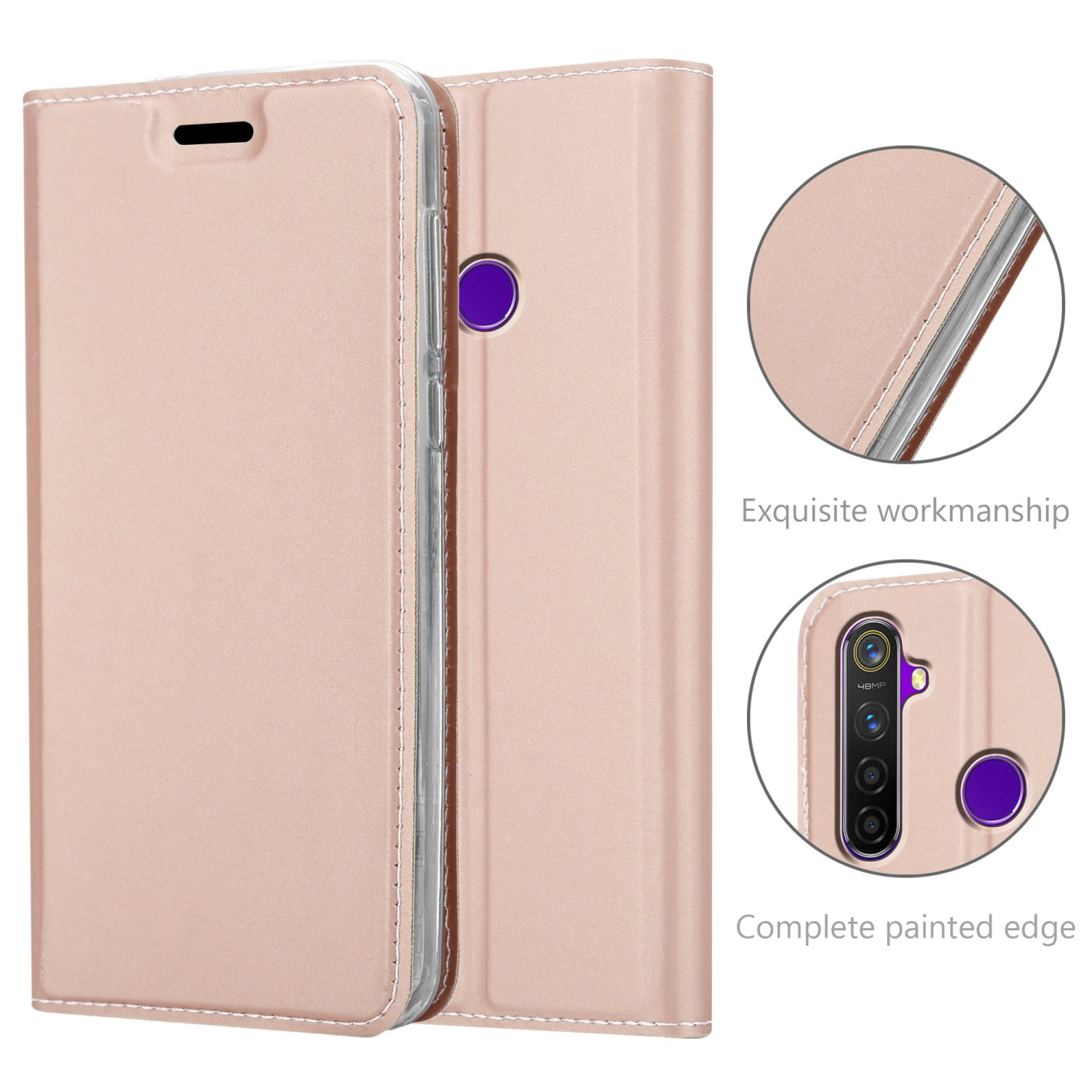 Custodia rosa per telefono, aperta. Immagini dettagliate della custodia. Testo: Esecuzione squisita, Bordo completamente verniciato.