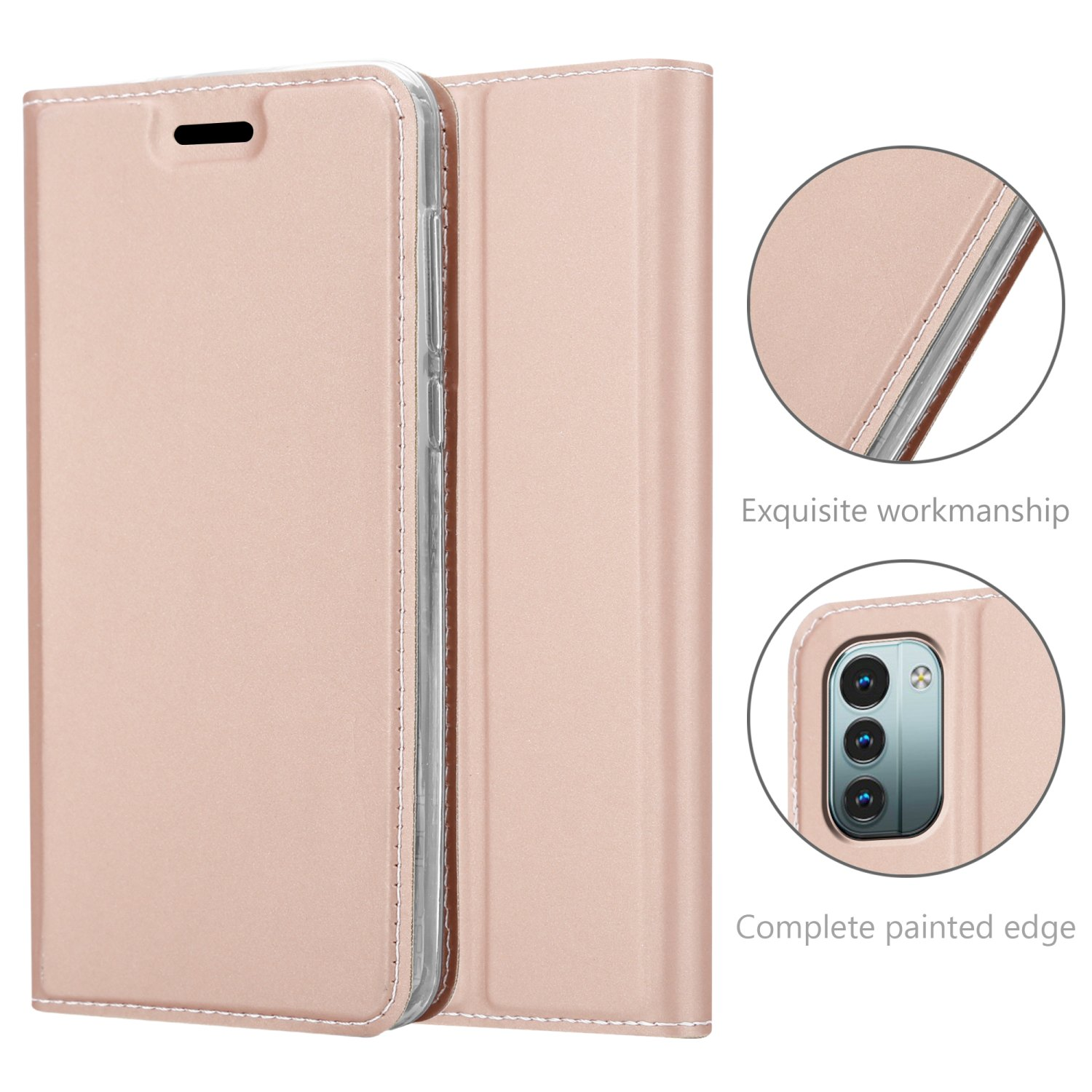 Custodia per telefono oro rosa, aperta. Testo: Lavorazione squisita e Bordo completamente verniciato.