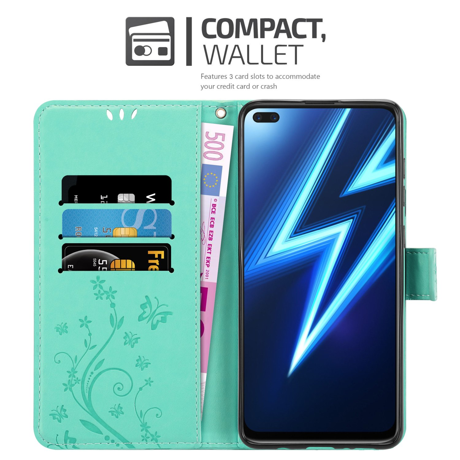 Custodia per telefono verde acqua aperta con un telefono. La custodia ha fessure per carte. Testo: 'Compact, wallet'.
