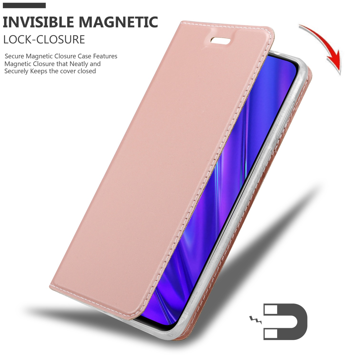 Custodia per telefono rosa, aperta. Sfondo bianco. La custodia è a chiusura magnetica e c'è un telefono all'interno.