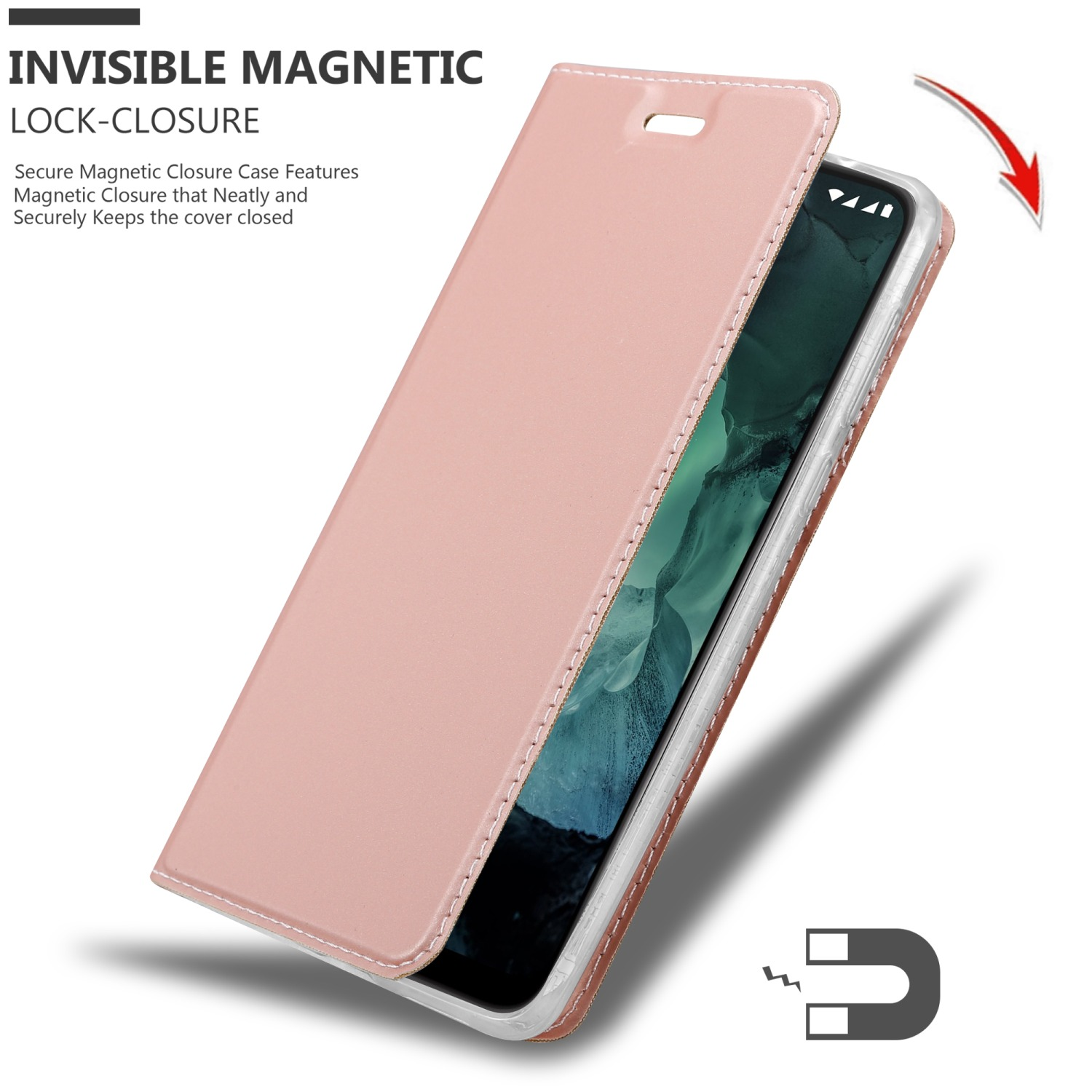 Custodia rosa con telefono aperto. Testo: Chiusura magnetica invisibile.