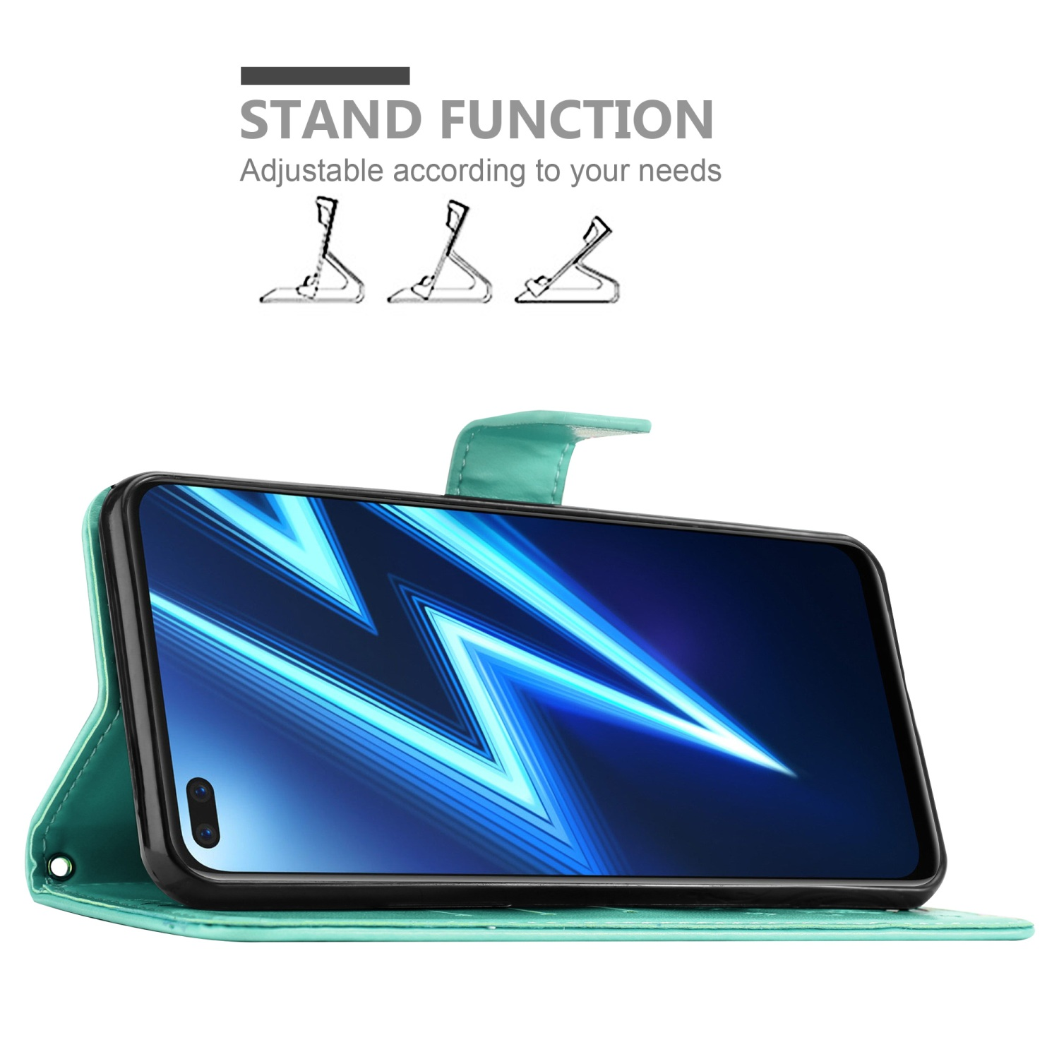 Custodia verde acqua aperta, con telefono in piedi. Il telefono è blu.
