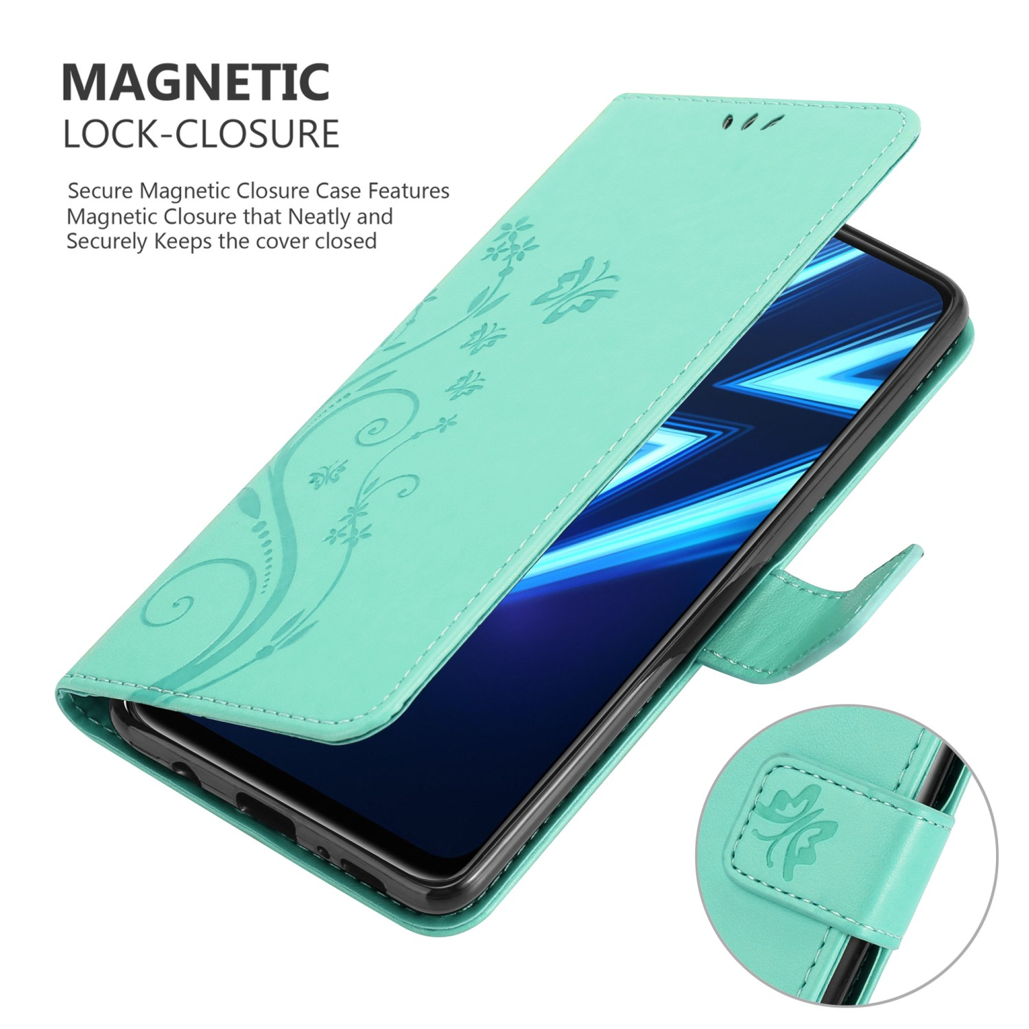 Custodia per telefono turchese aperta con design floreale. Chiusura magnetica. Schermo del telefono visibile.