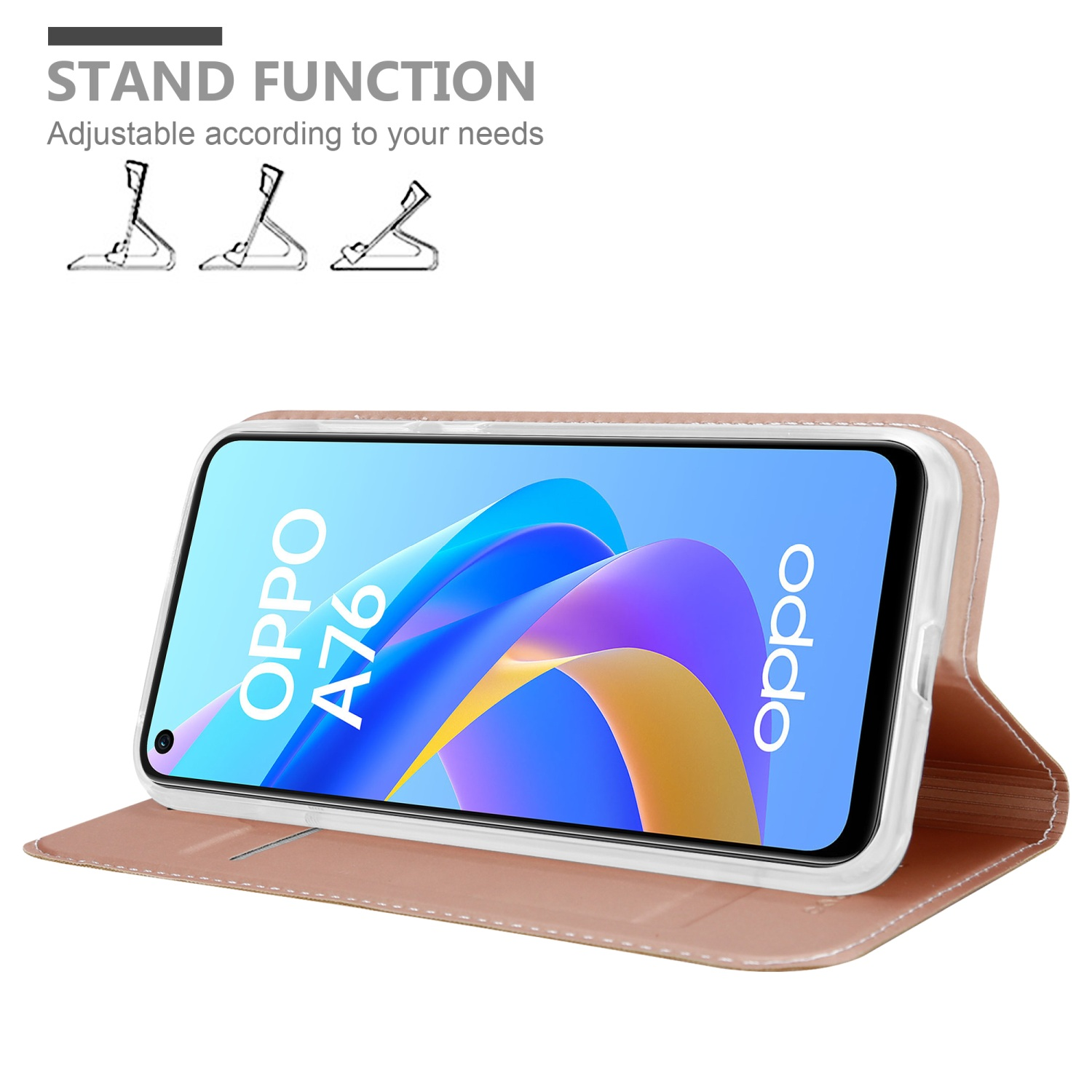 Custodia per telefono rosa aperta, che mostra un telefono con il logo OPPO A76. La funzione stand è dimostrata.
