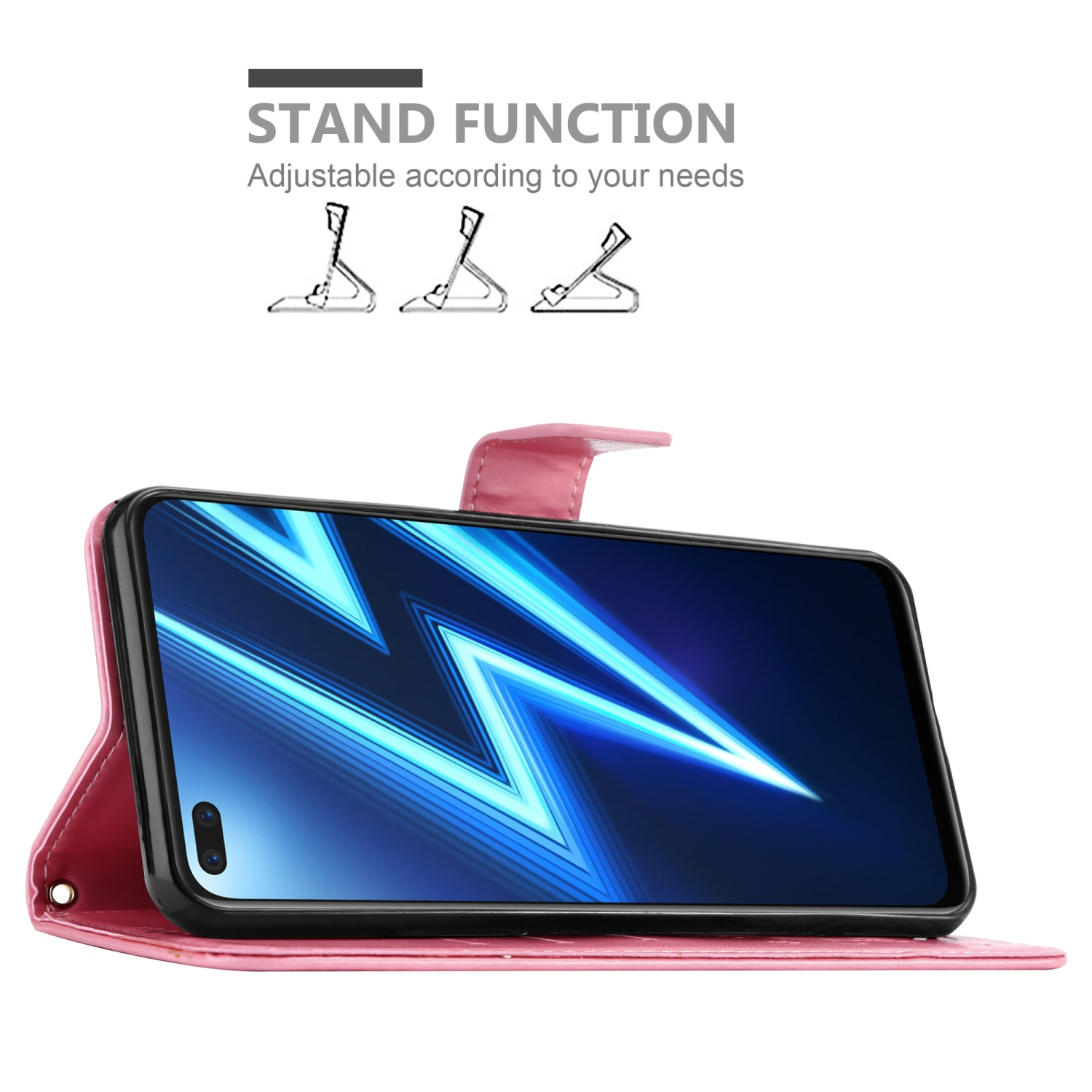 Custodia per telefono rosa con un telefono all'interno, che mostra la funzione stand. Il telefono mostra uno schermo blu.
