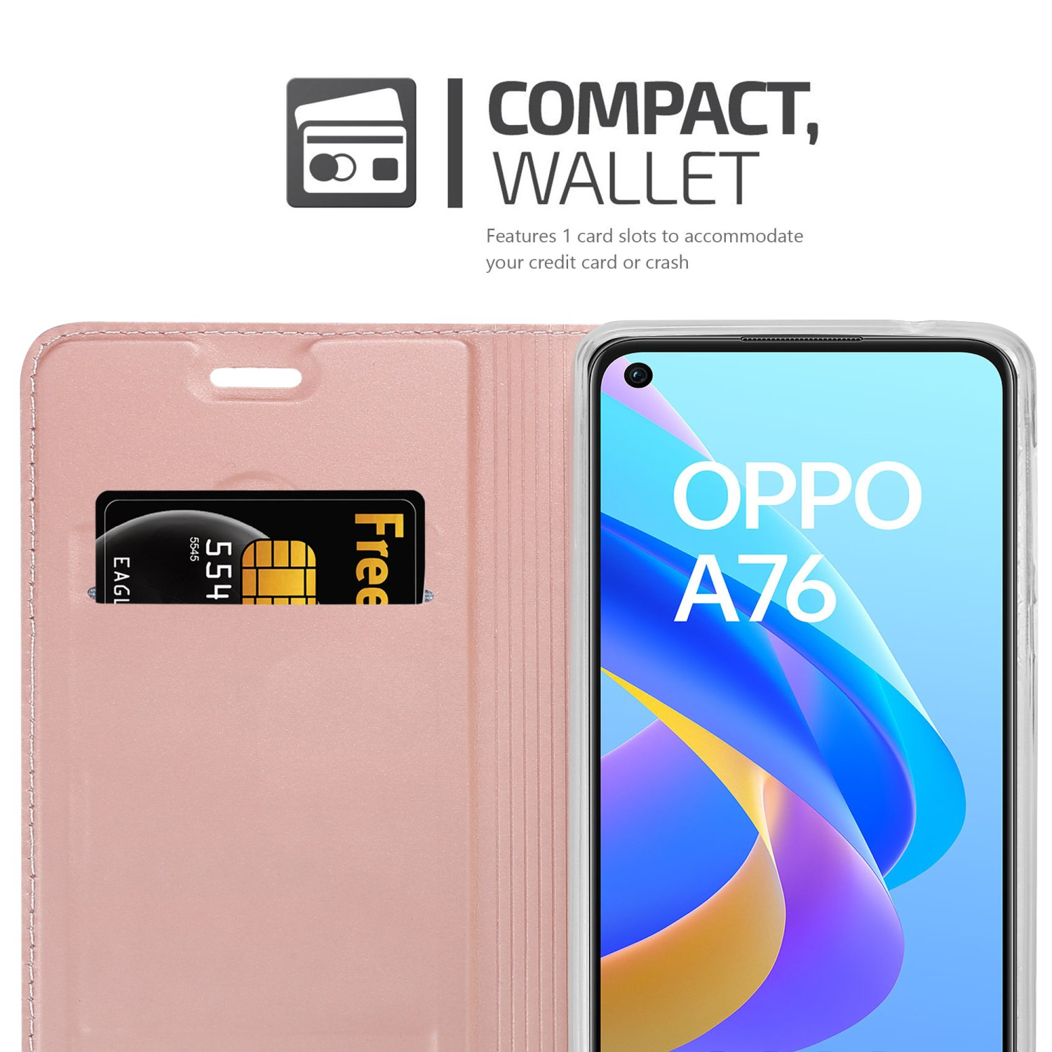 Custodia rosa per telefono con fessura per carta di credito. All'interno sono visibili una carta di credito e un telefono.