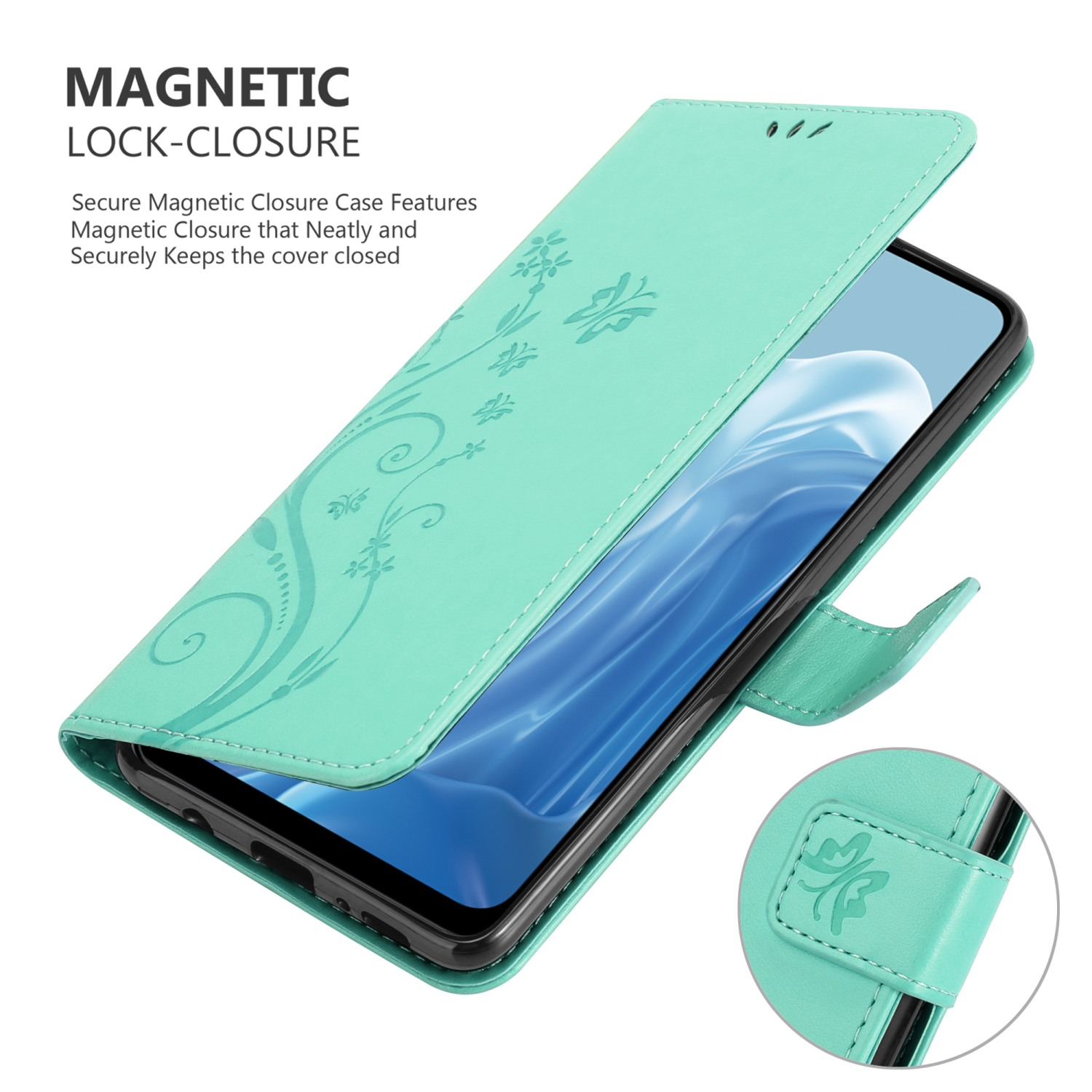 Custodia per telefono color teal, aperta, con design floreale e testo, e un primo piano della chiusura.