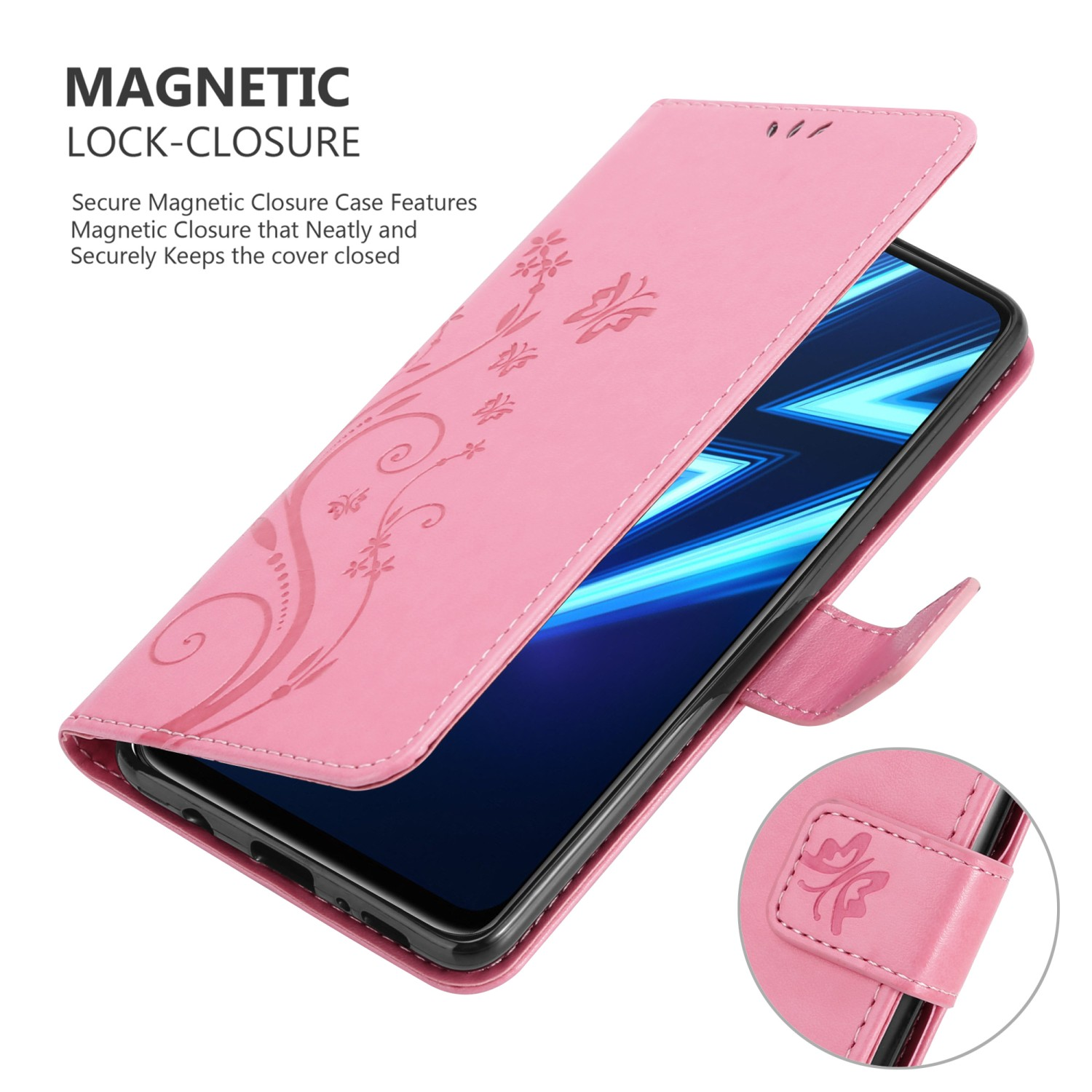Una custodia rosa con un design floreale viene mostrata, aperta per rivelare un telefono.