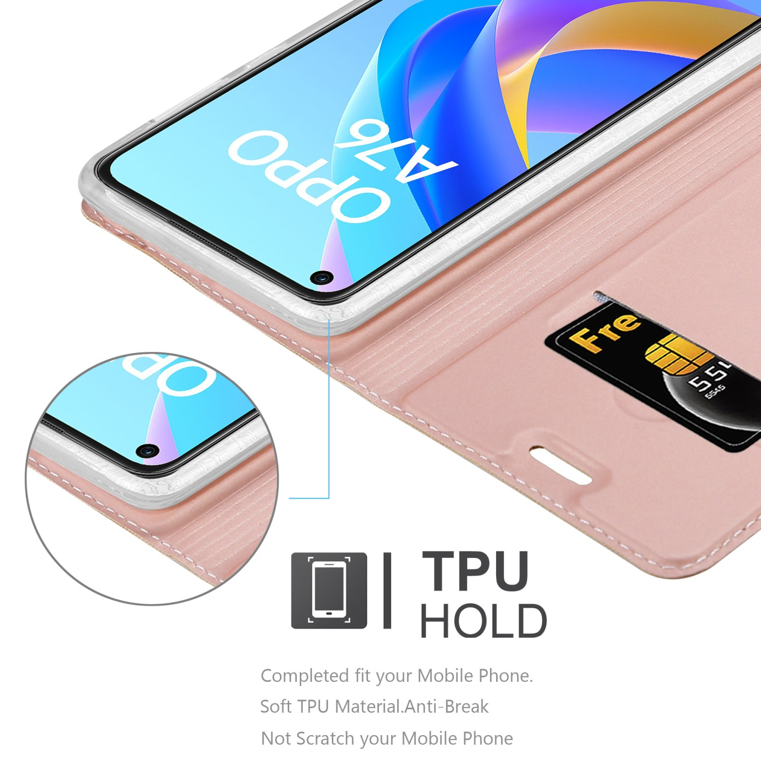 Custodia rosa aperta, un telefono è dentro. Una SIM card è nella custodia. Testo: TPU HOLD.