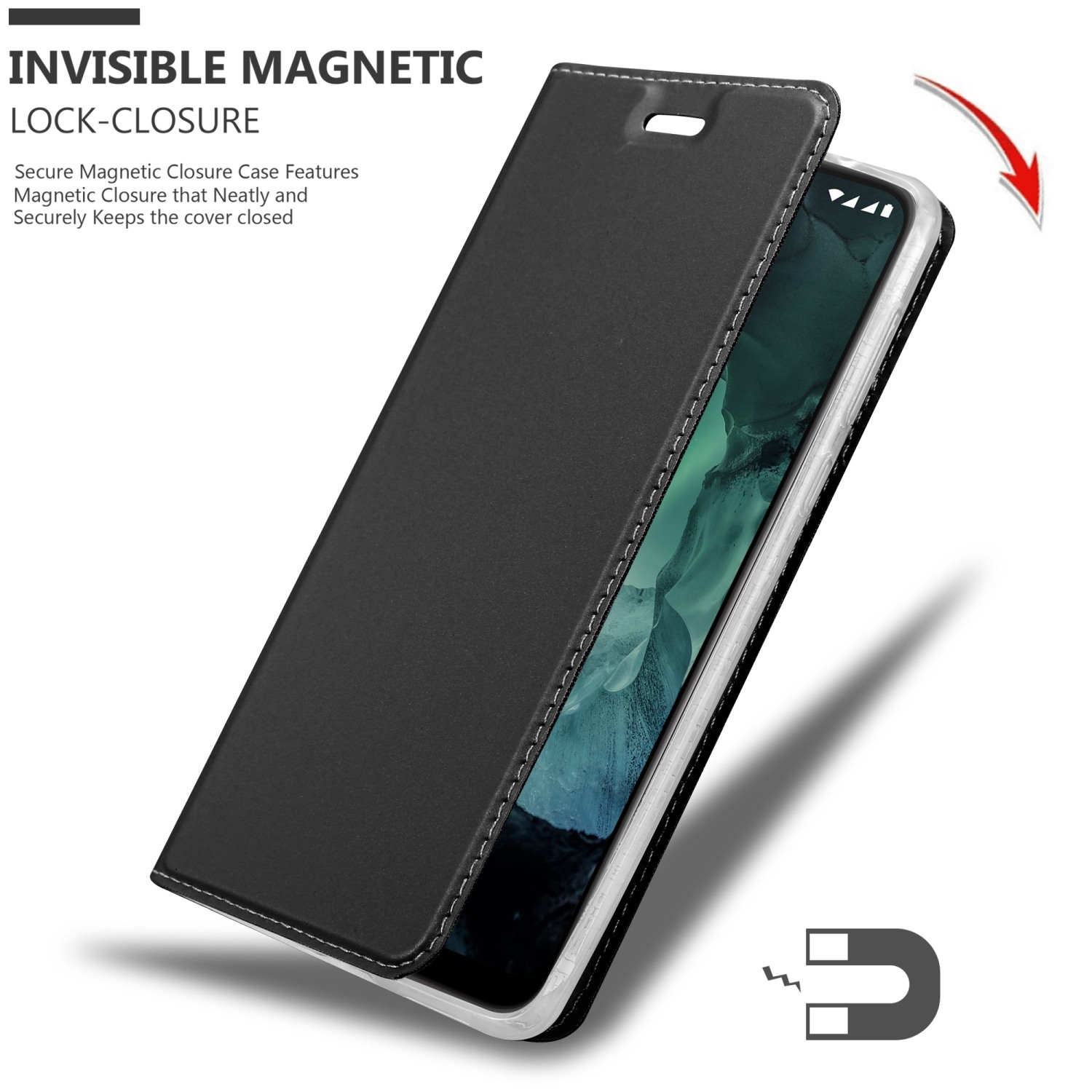 Custodia nera con telefono, chiusura magnetica e testo: chiusura magnetica invisibile.